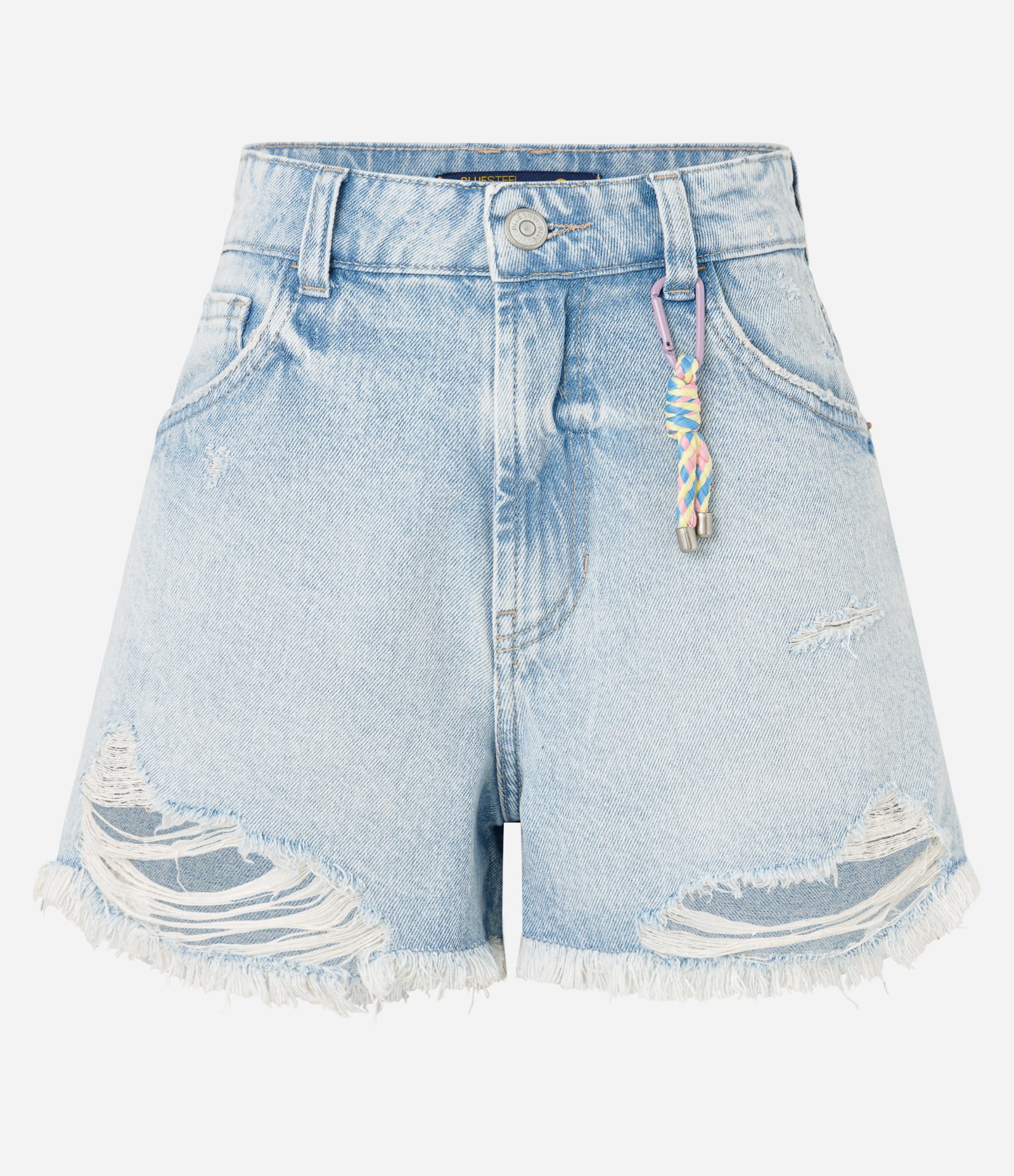 Short Slim em Jeans Dirty com Puídos e Chaveirinho Azul 3