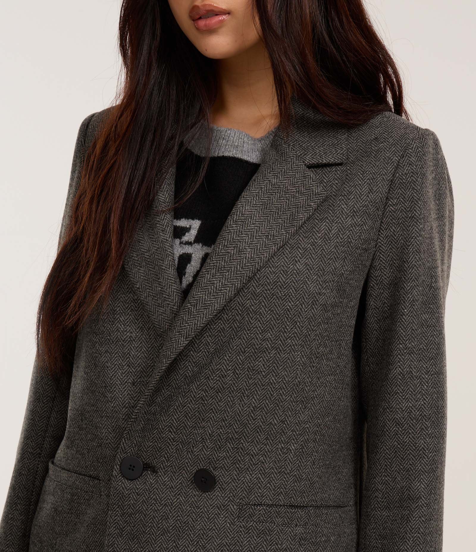 Blazer Alongado em Polivelour Xadrez com Botões Cinza 3