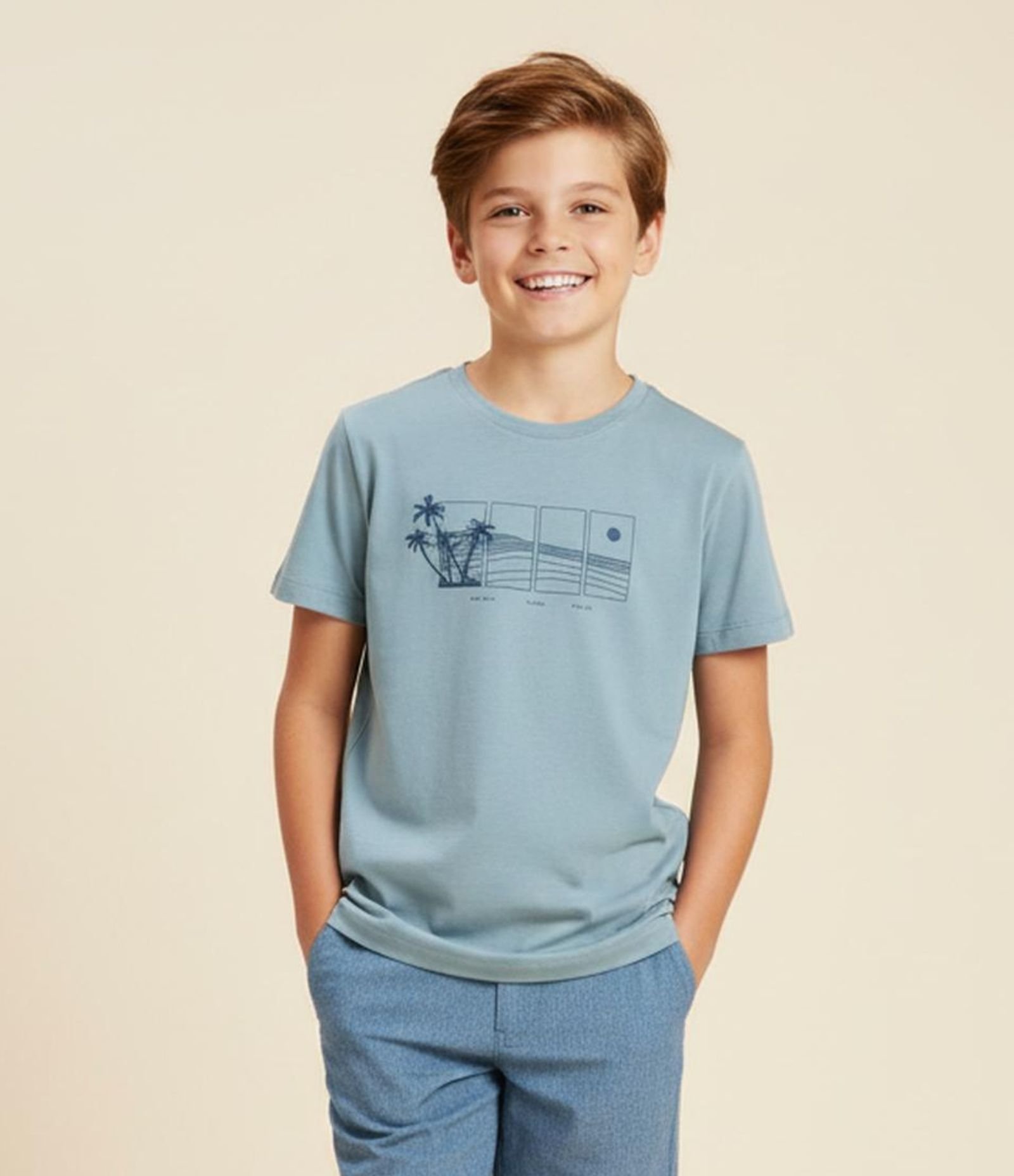 Camiseta Infantil com Estampa Paisagem de Praia - Tam 5 a 14 Anos Azul 1