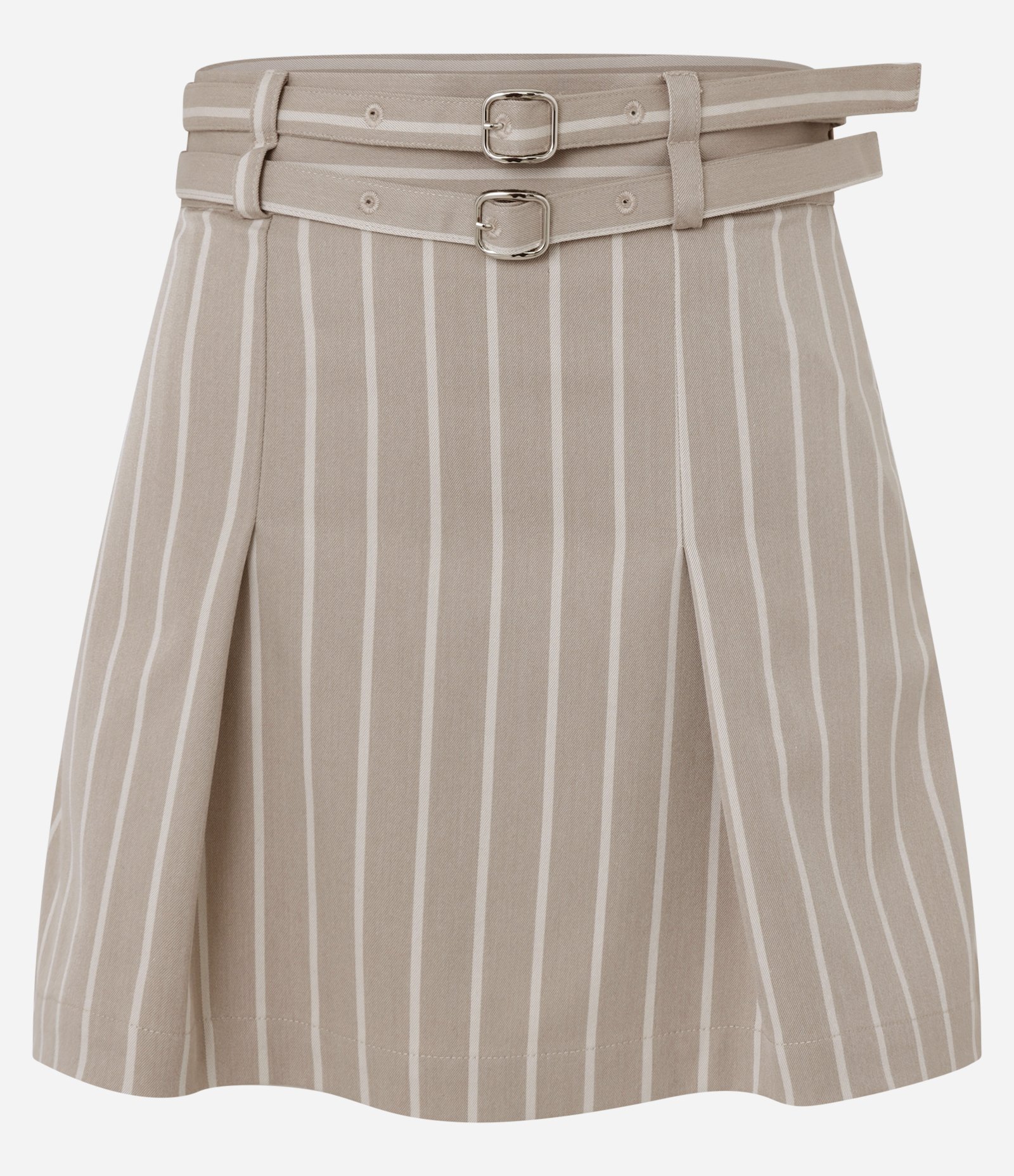 Short Saia Curto em Alfaiataria com Listras e Cinto Duplo Bege Acinzentado 5