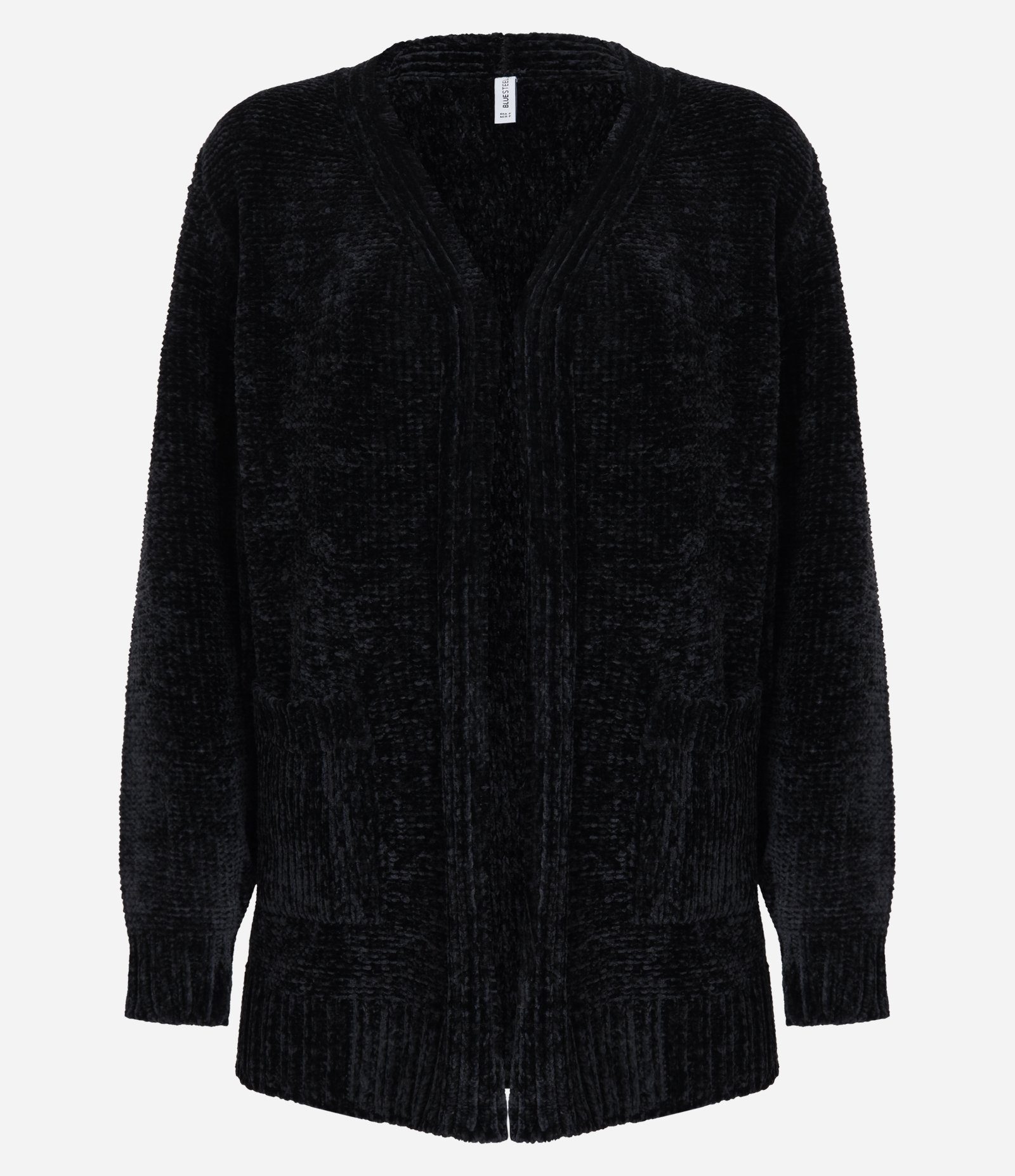 Cardigan Alongado em Chenille Canelado com Bolsos Frontais Preto 5