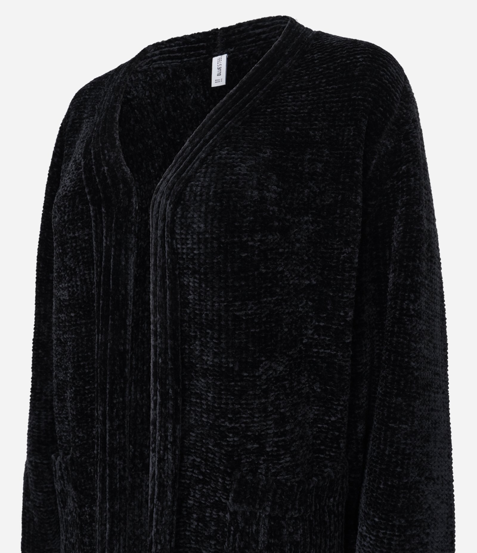 Cardigan Alongado em Chenille Canelado com Bolsos Frontais Preto 6