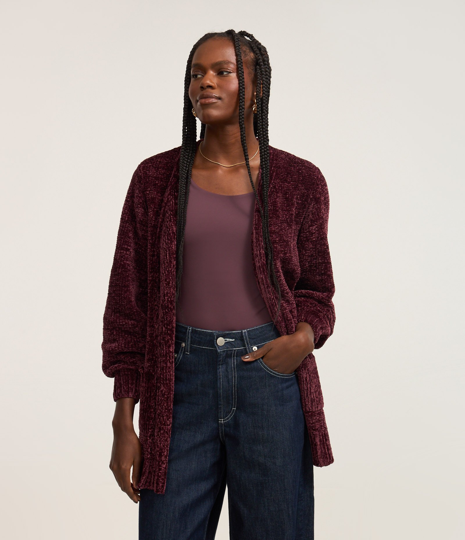 Cardigan Alongado em Chenille Canelado com Bolsos Frontais Vinho 1