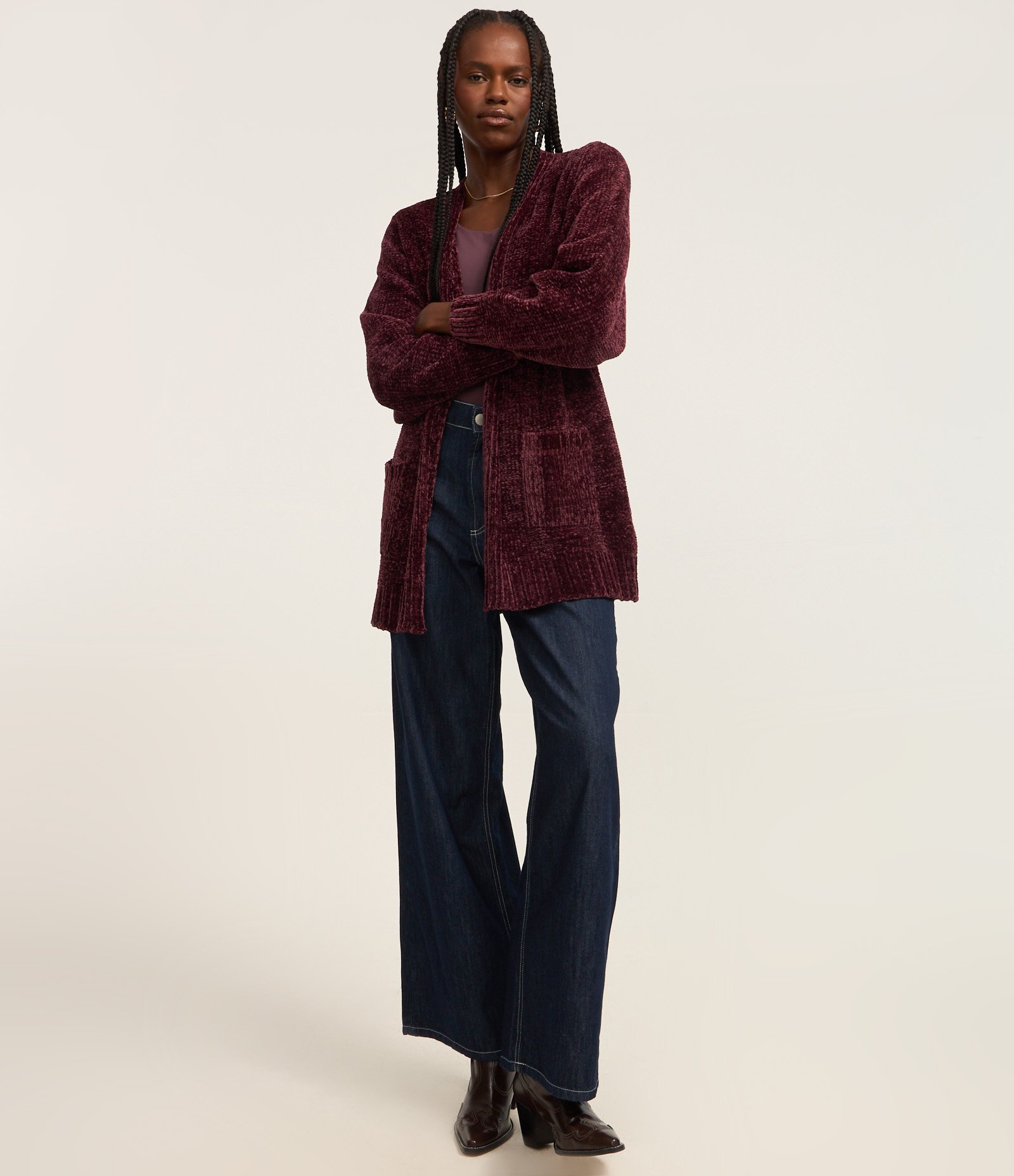 Cardigan Alongado em Chenille Canelado com Bolsos Frontais Vinho 2