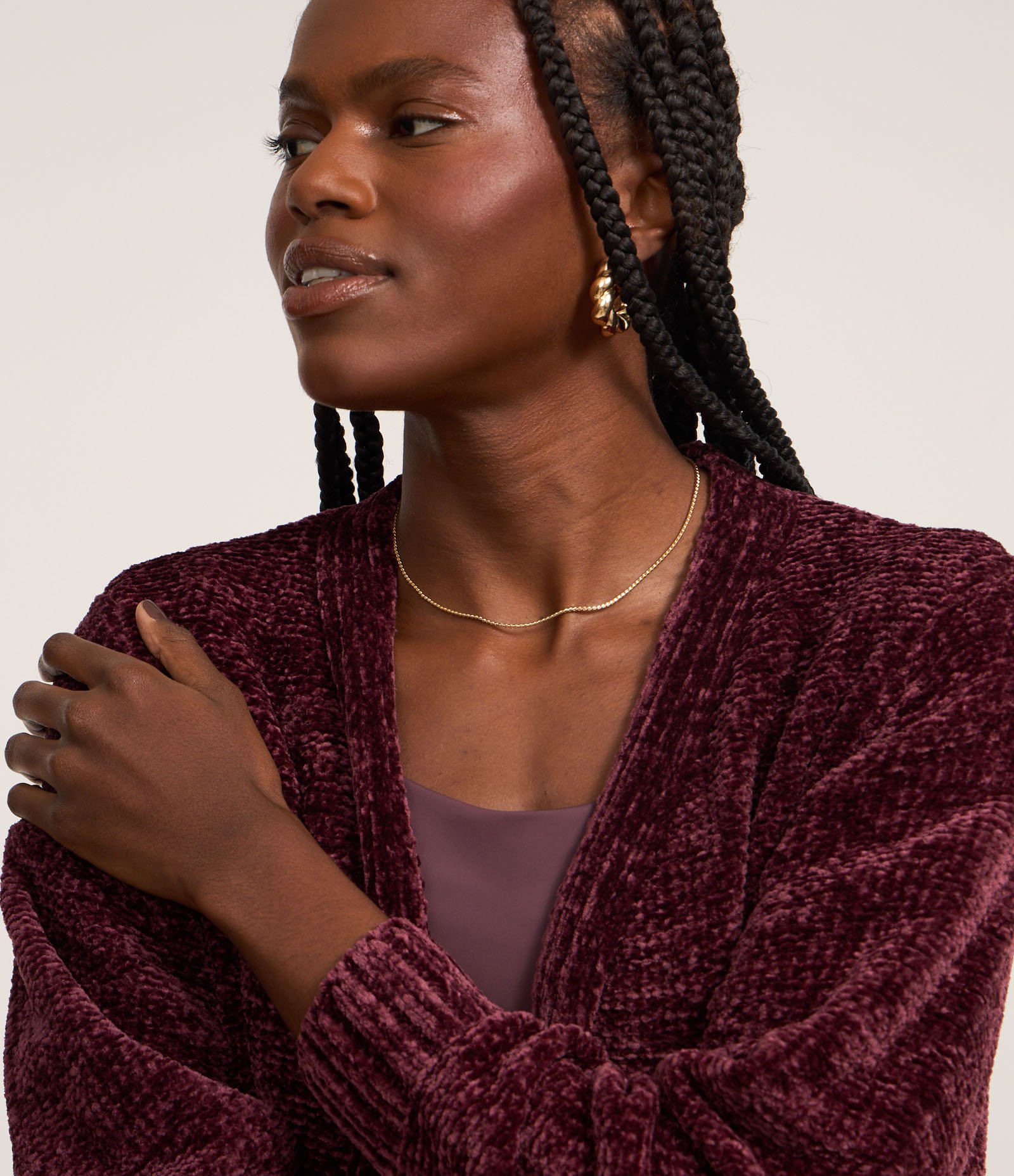 Cardigan Alongado em Chenille Canelado com Bolsos Frontais Vinho 3