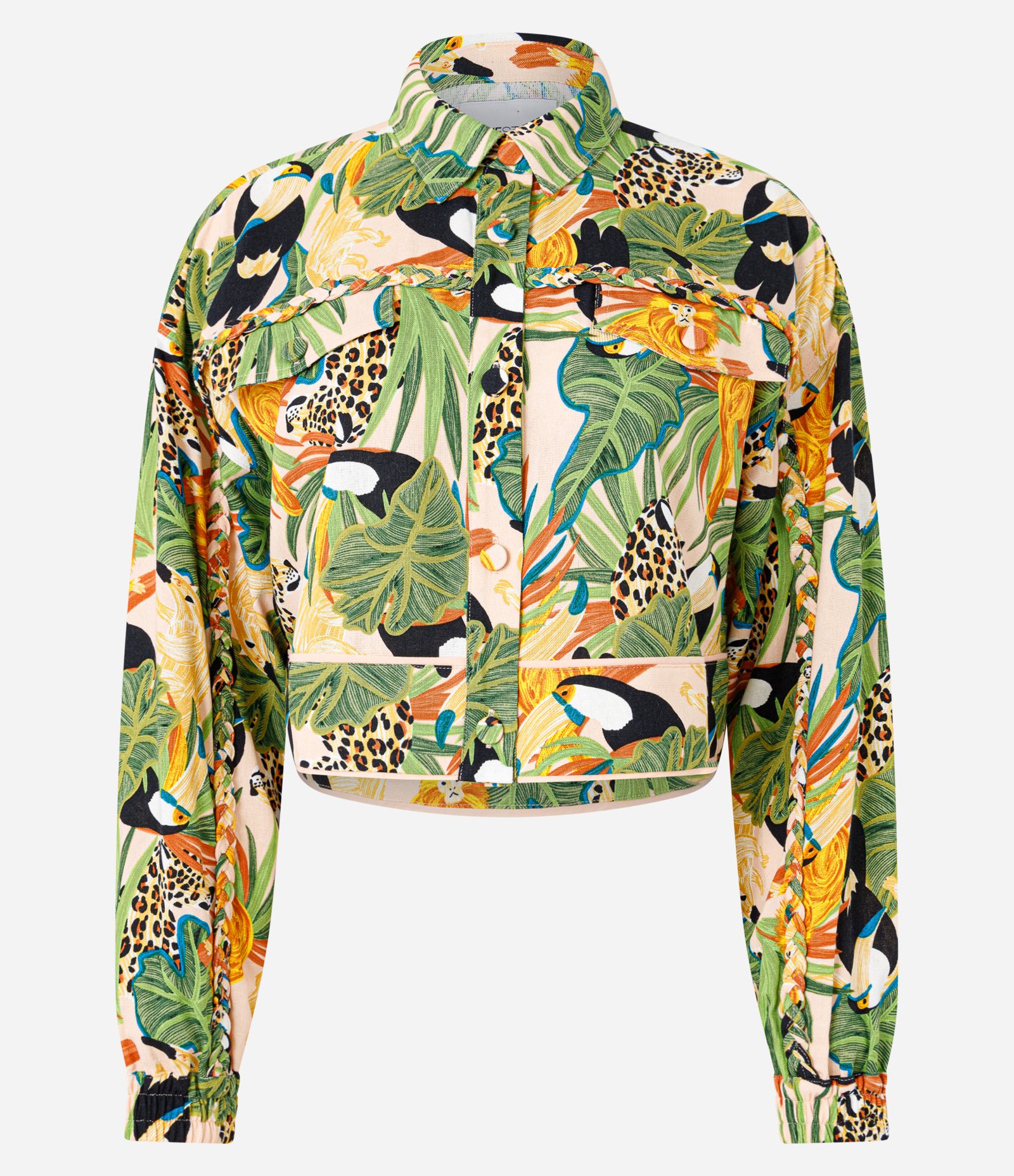 Jaqueta Curta em Viscose e Linho com Estampa Tropical Verde 5