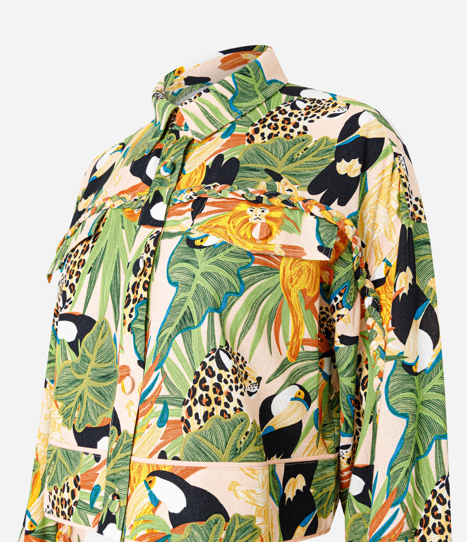 Jaqueta Curta em Viscose e Linho com Estampa Tropical Verde 6