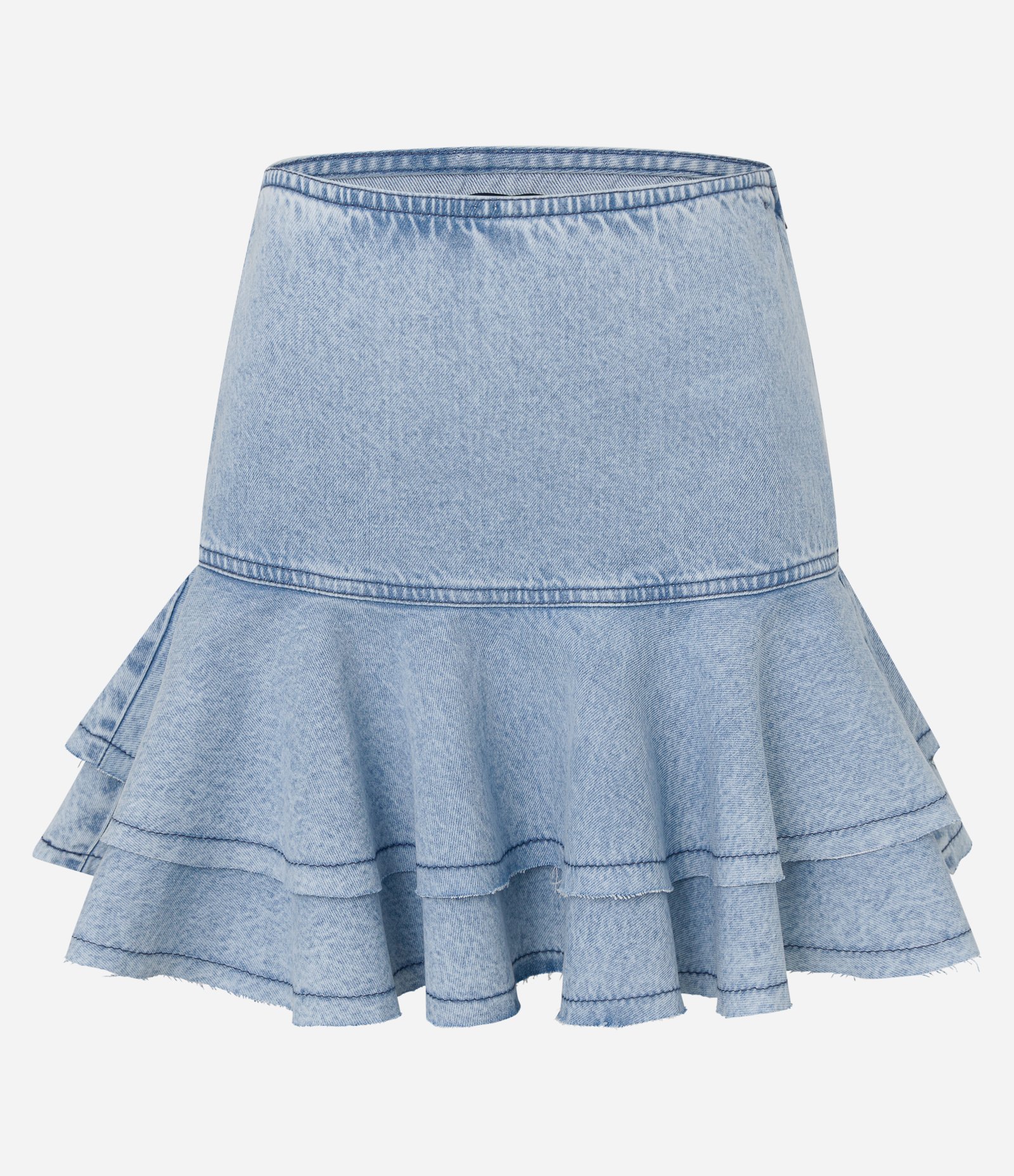 Saia Curta em Jeans Denim com Babado Duplo e Zíper Lateral Azul 4