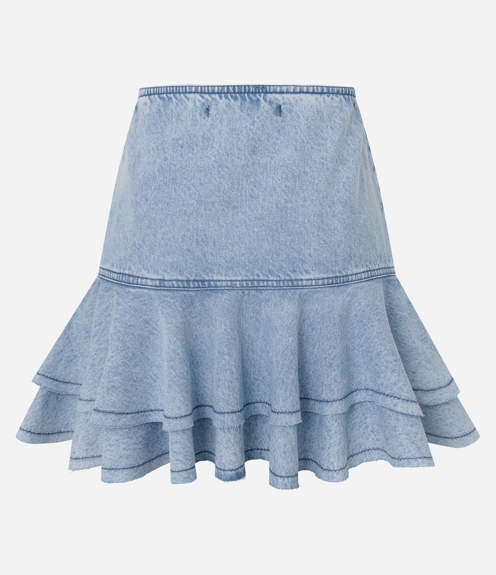 Saia Curta em Jeans Denim com Babado Duplo e Zíper Lateral Azul 5