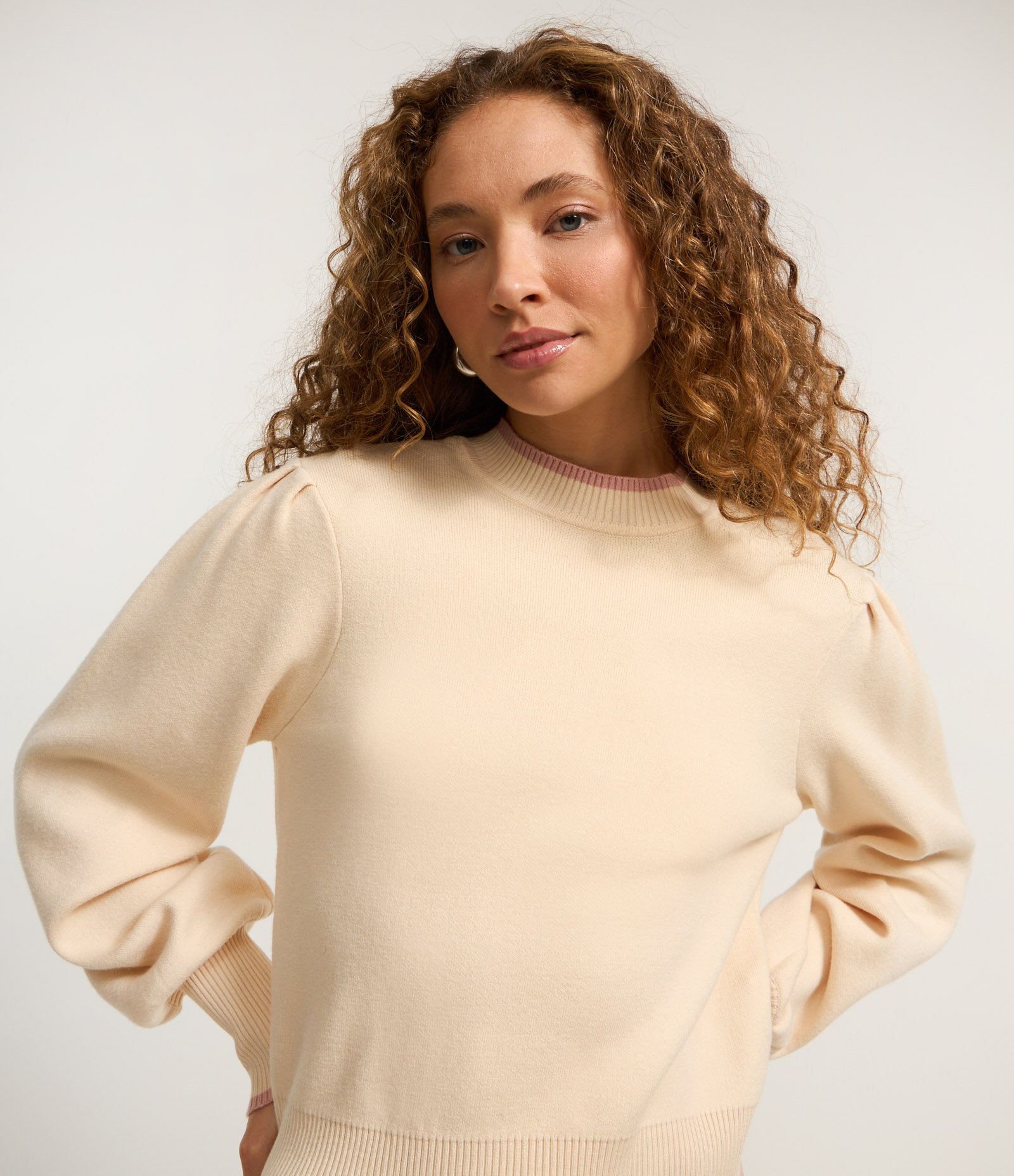 Suéter em Tricô com Friso Contrastante e Manga Bufante Rosa 1