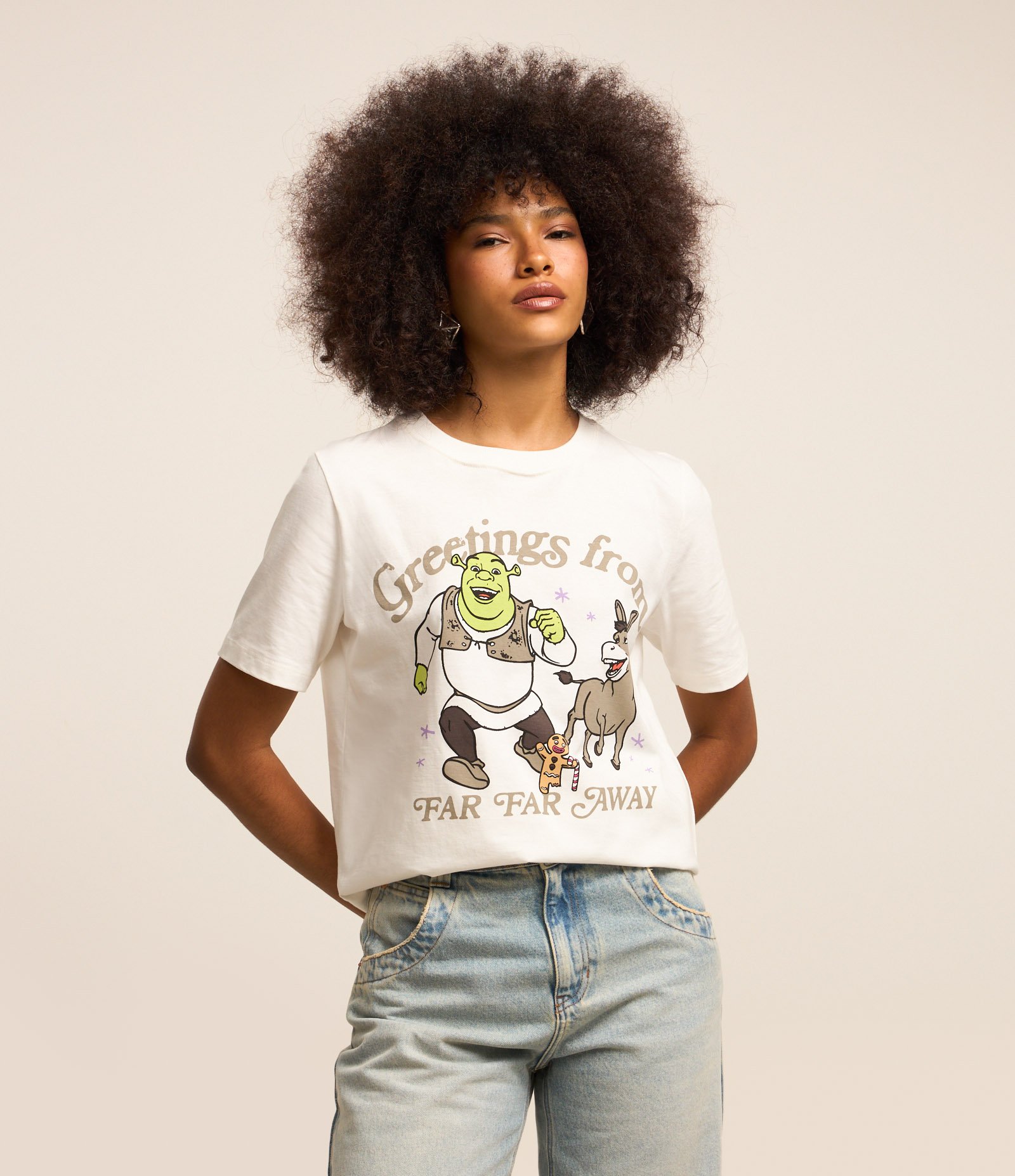 Camiseta Alongada em Algodão com Estampa Shrek Far Far Away Branco 1