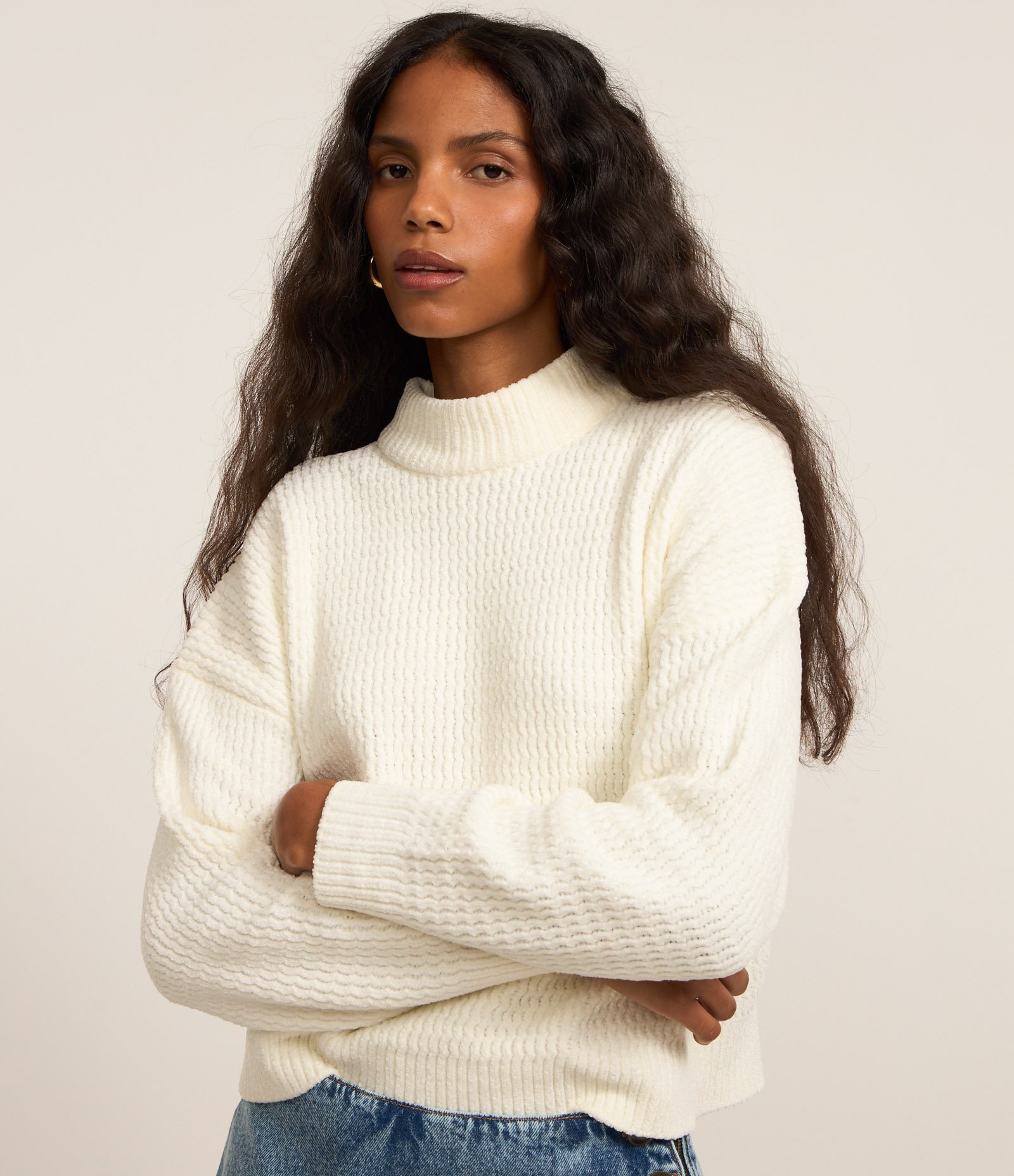 Suéter em Tricô Mescla com Cava Deslocada Branco 3