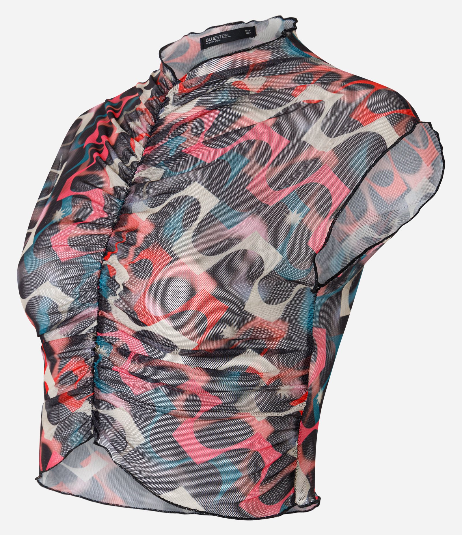 Blusa em Tule com Franzidinho e Estampa Abstrata Preto 6