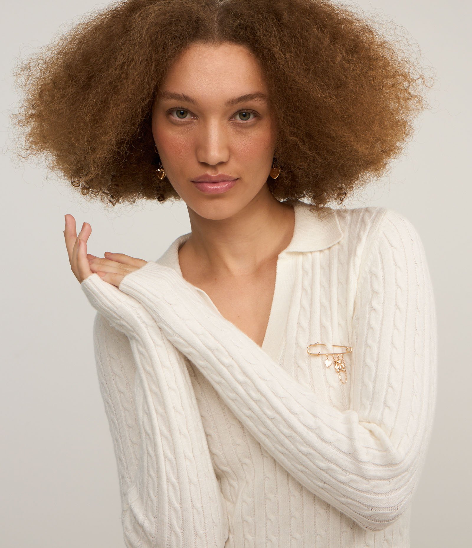 Blusa em Tricô com Textura Trançada e Gola Polo Branco 3