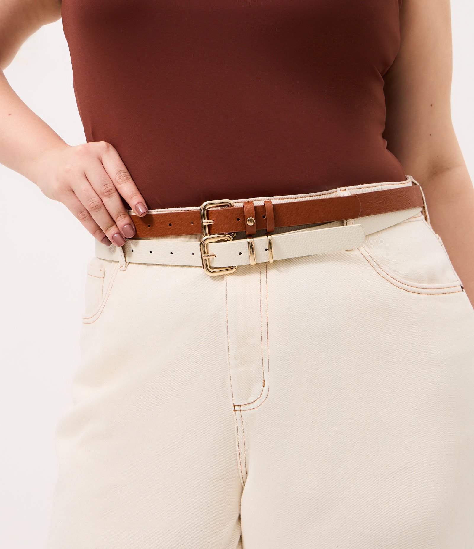 Kit 03 Cintos com Fivela Quadrada Curve & Plus Size Caramelo/Off White/Preto 1