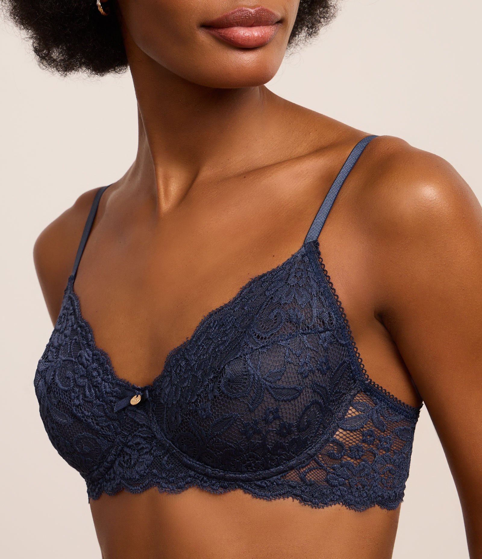 Sutiã Sem Bojo e Com Aro em Renda Floral Azul Marinho 3