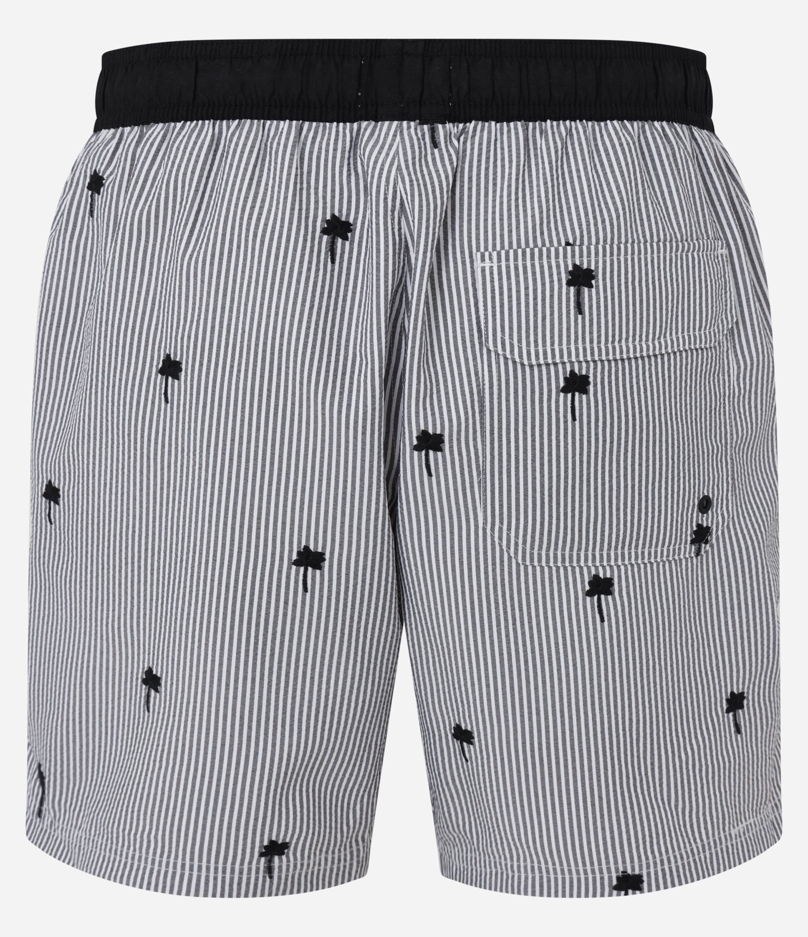 Bermuda em Anaruga com Cós Elástico Listras e Bordado de Coqueiro Cinza 6