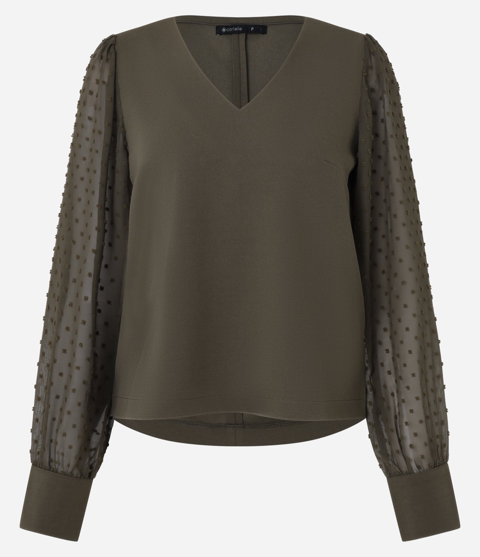 Blusa em Crepe com Manga em Chiffon Poá Verde Oliva 1