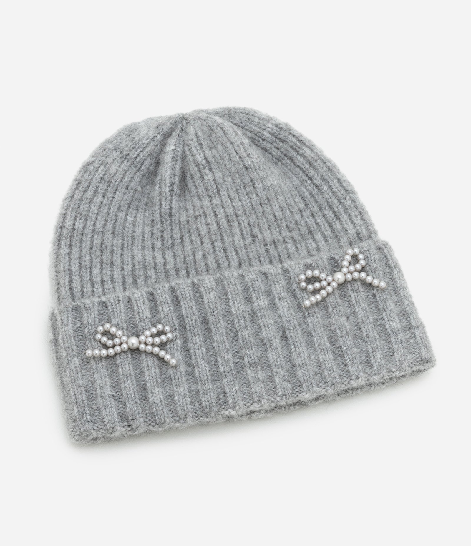 Touca com Dobra em Tricô com Aplicação de Lacinho em Pérolas Cinza 1