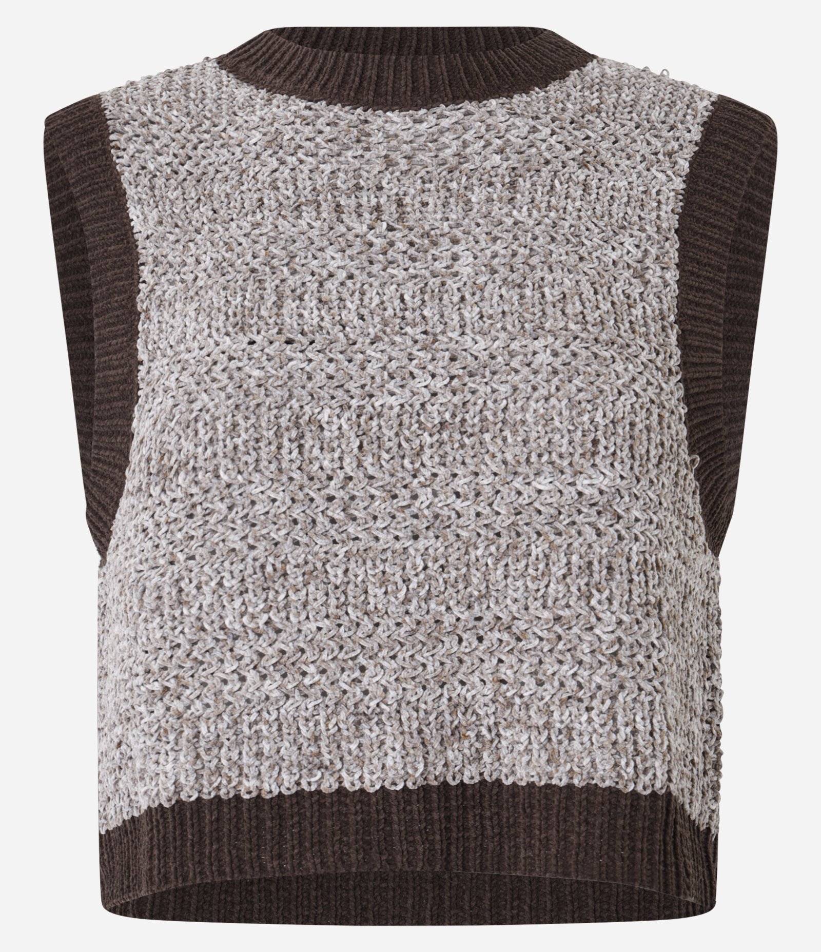 Colete Curto em Chenille Mescla com Detalhe Contrastante Marrom 7
