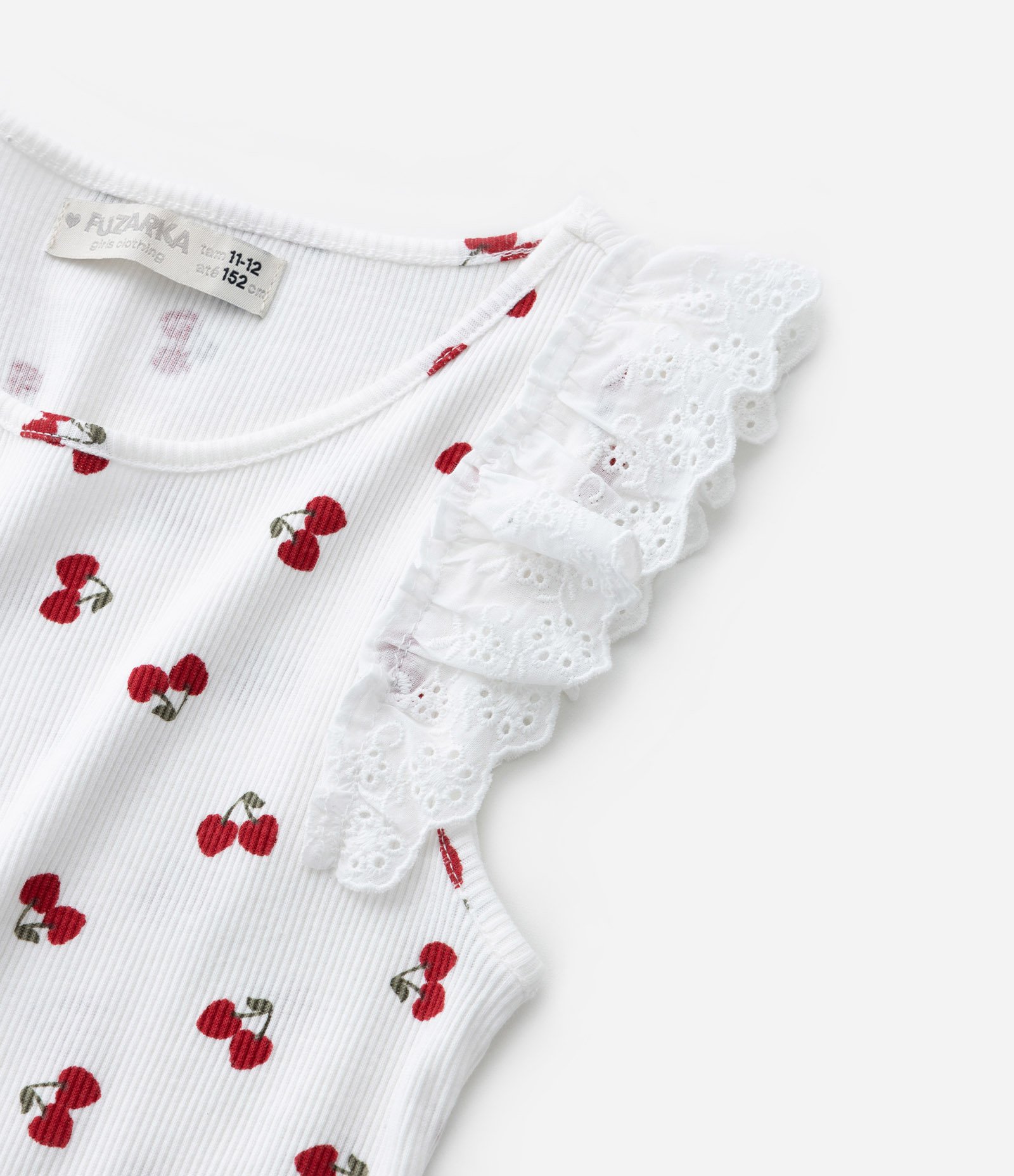 Regata Infantil em Ribana com Estampa Cerejinhas - Tam 5 a 14 Anos Branco 4