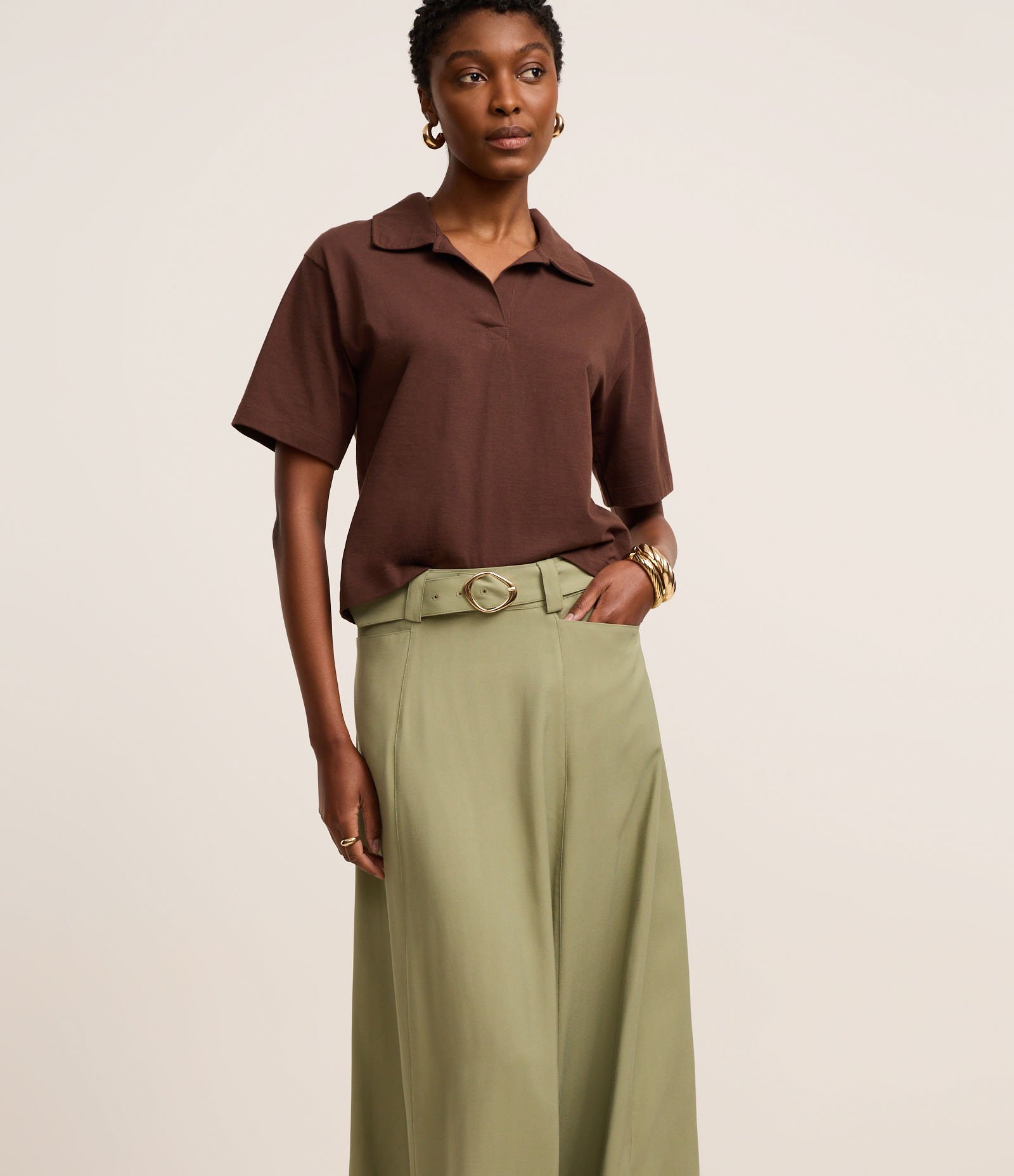 Saia Evasê Longa em Viscose Twill com Cinto Afivelado Verde 2