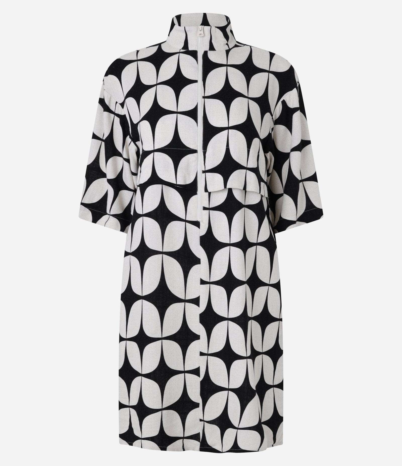 Vestido Curto em Viscolinho com Estampa Geométrica Preto/Off White 5