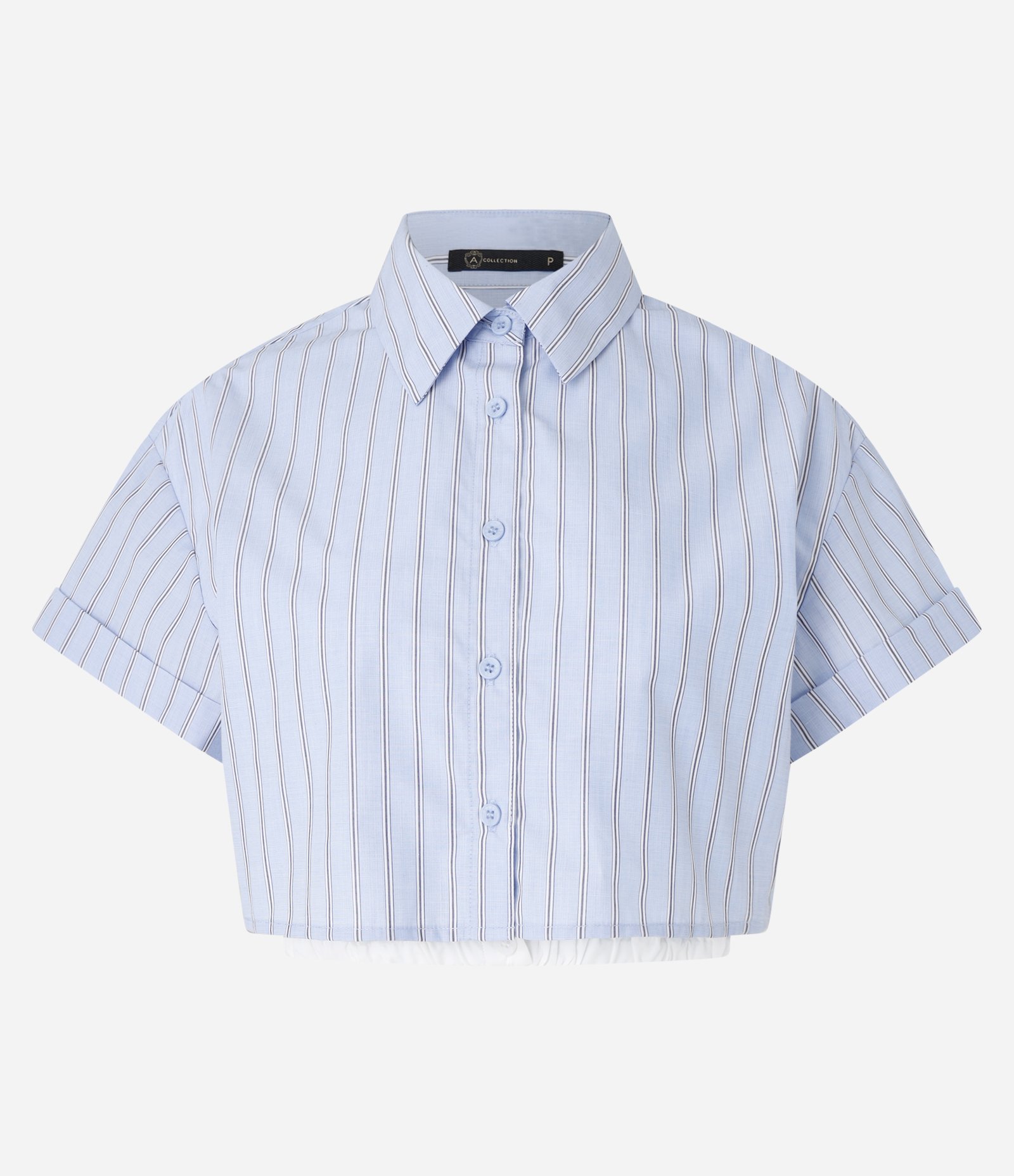 Camisa Cropped em Tricoline com Estampa Listrada Azul 5