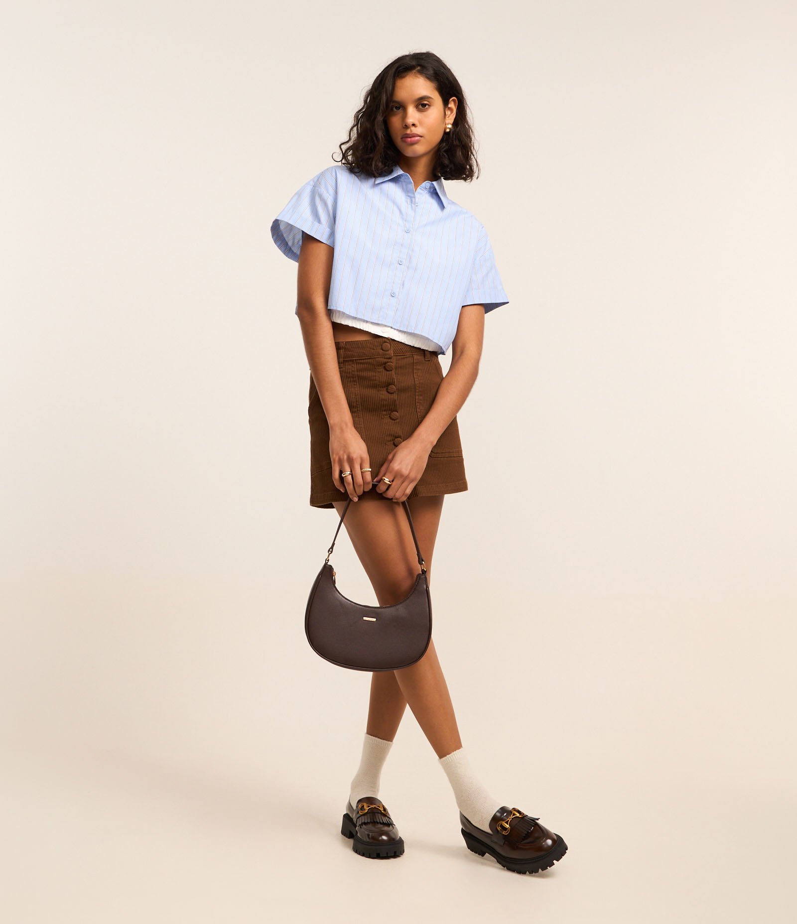 Camisa Cropped em Tricoline com Estampa Listrada Azul 2