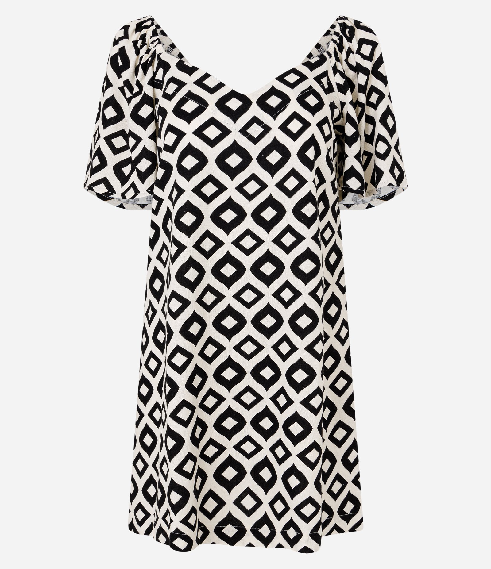 Vestido Curto em Viscose e Linho com Estampa Geométrica Preto/Branco 4