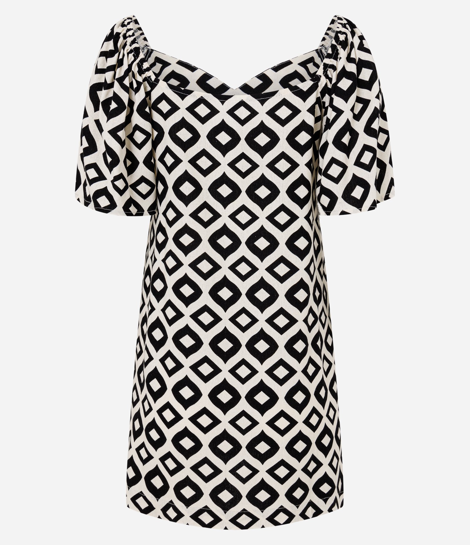 Vestido Curto em Viscose e Linho com Estampa Geométrica Preto/Branco 6