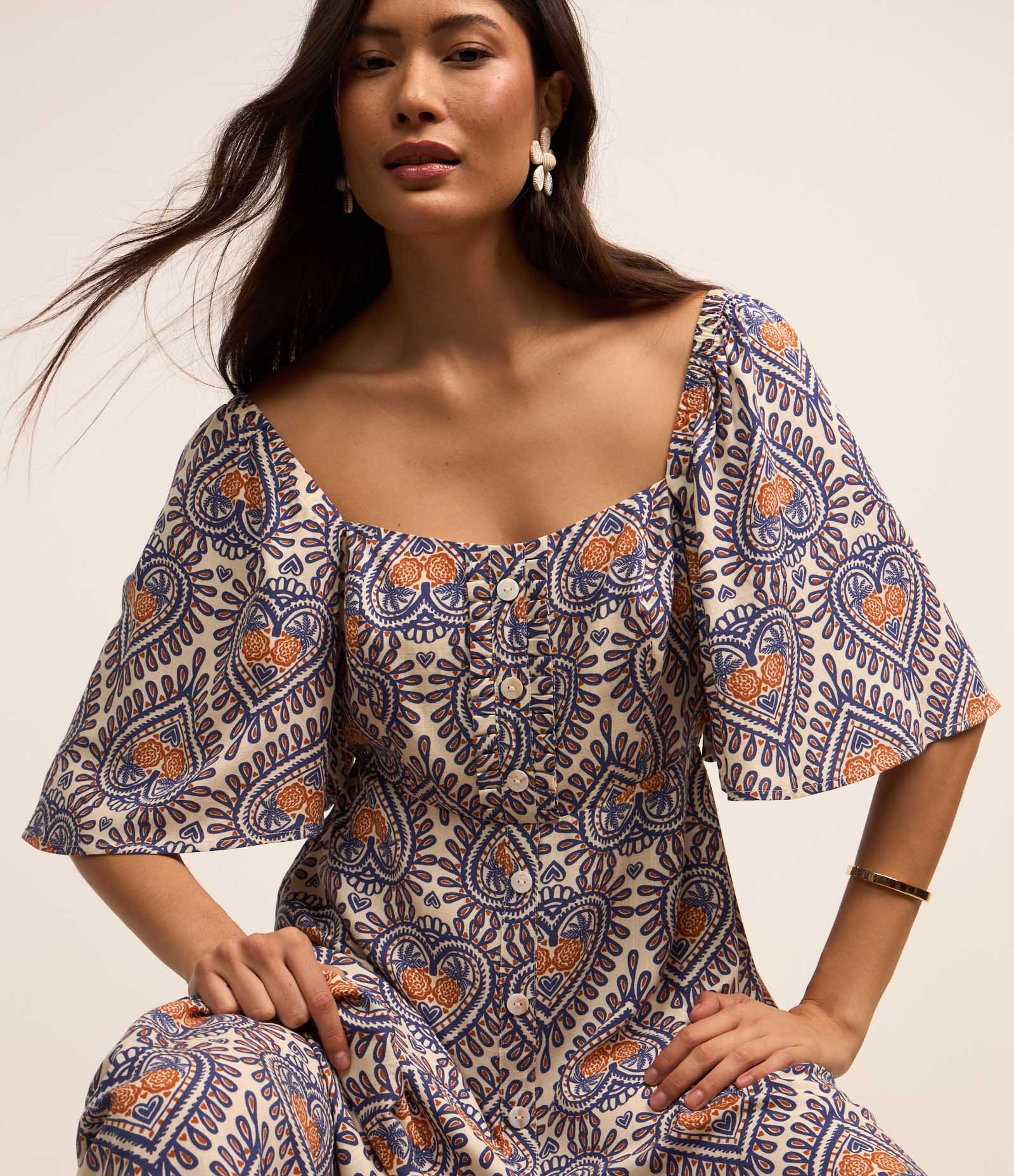 Vestido Long Midi em Viscose com Estampa de Abacaxi e Manga Evasê Multicores 3