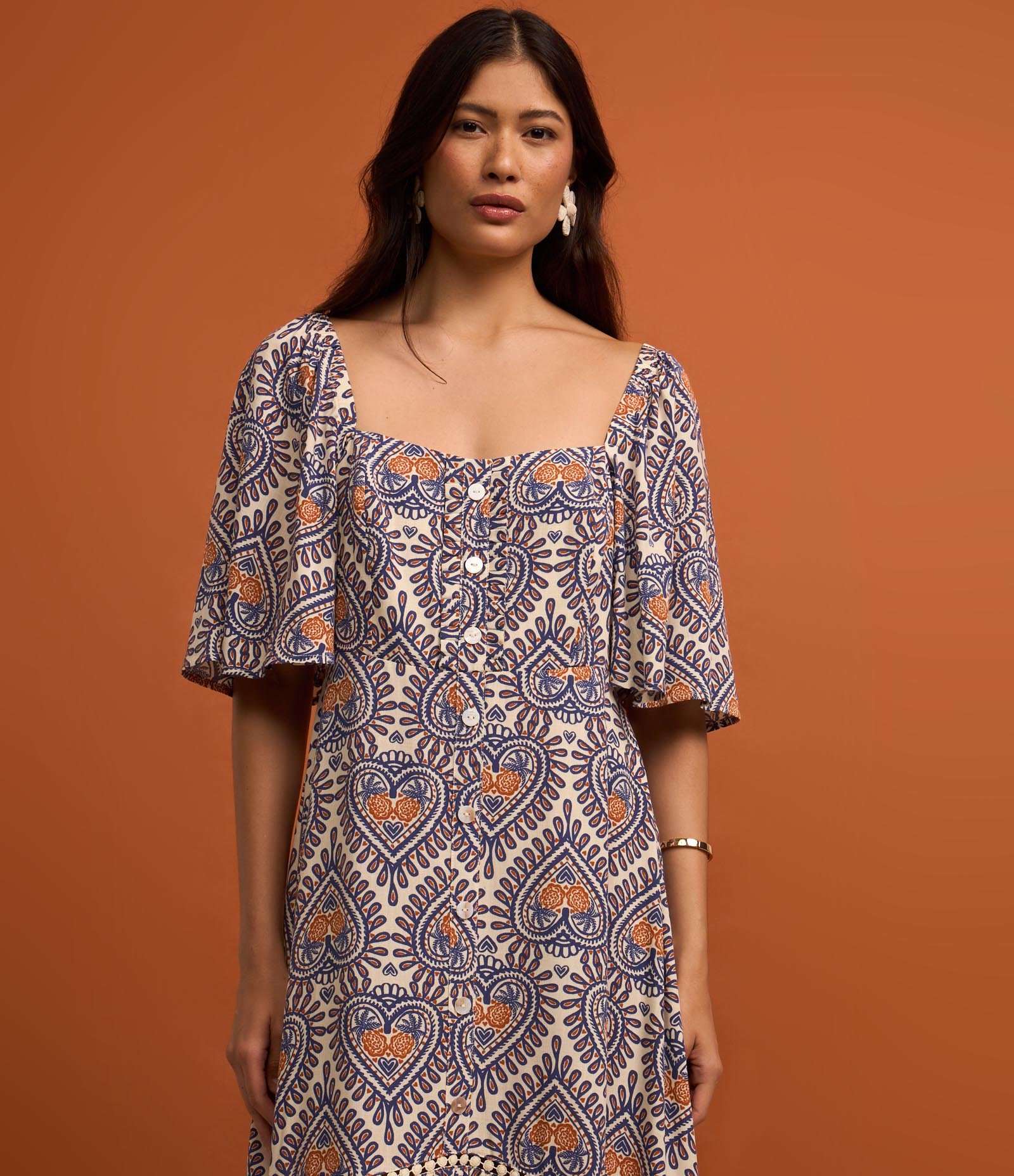 Vestido Long Midi em Viscose com Estampa de Abacaxi e Manga Evasê Multicores 5