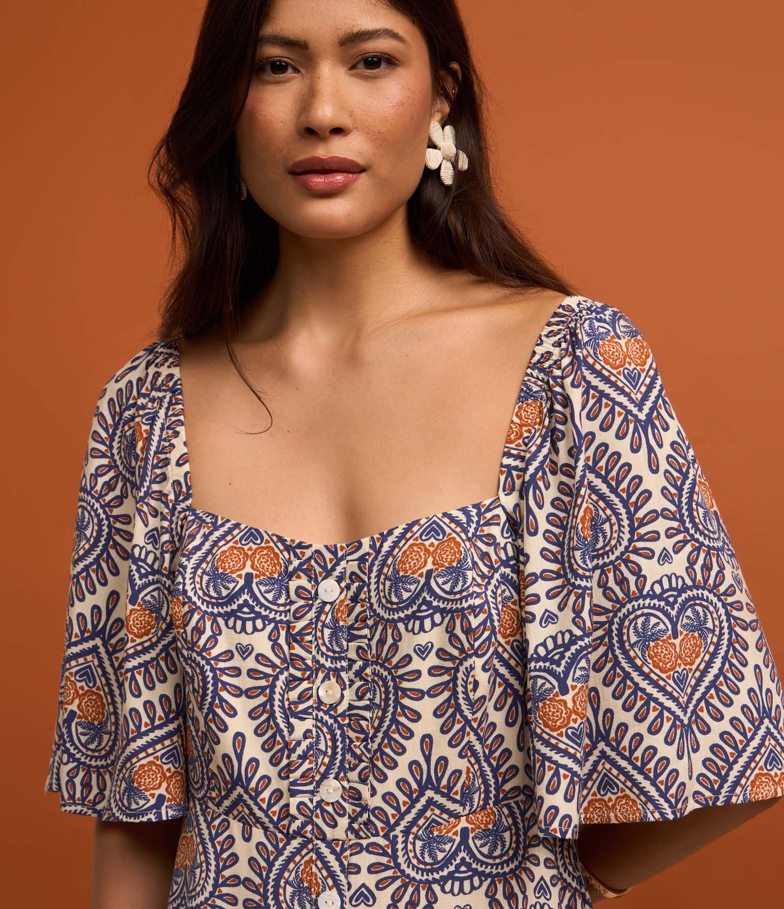 Vestido Long Midi em Viscose com Estampa de Abacaxi e Manga Evasê Multicores 6