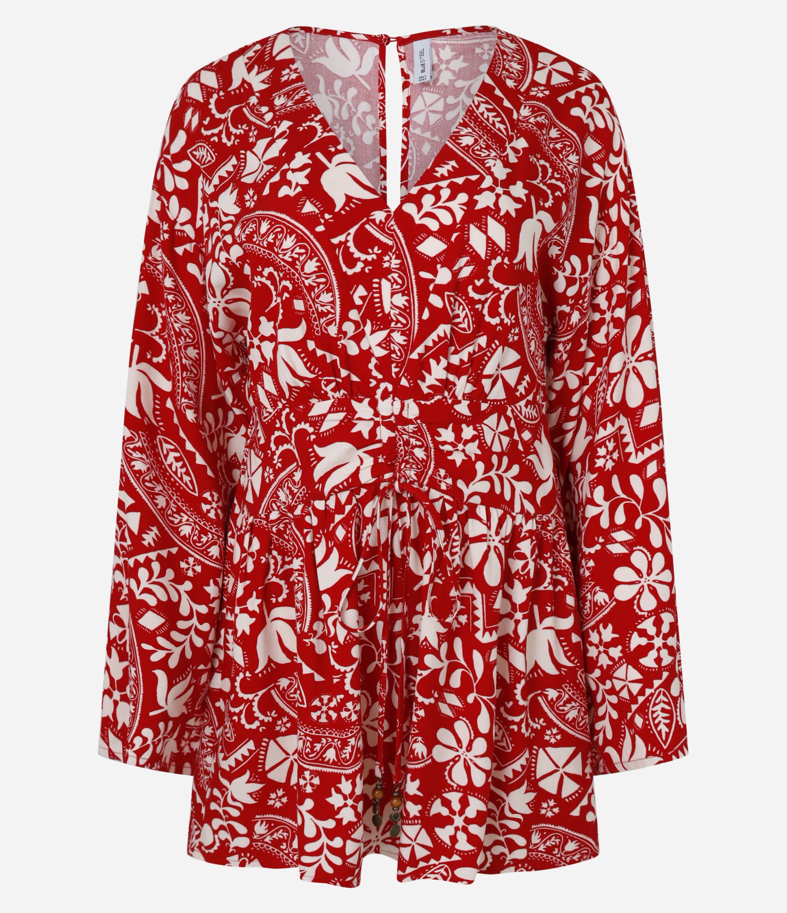 Macaquinho em Twill com Estampa Floral e Franzido na Cintura Vermelho 5