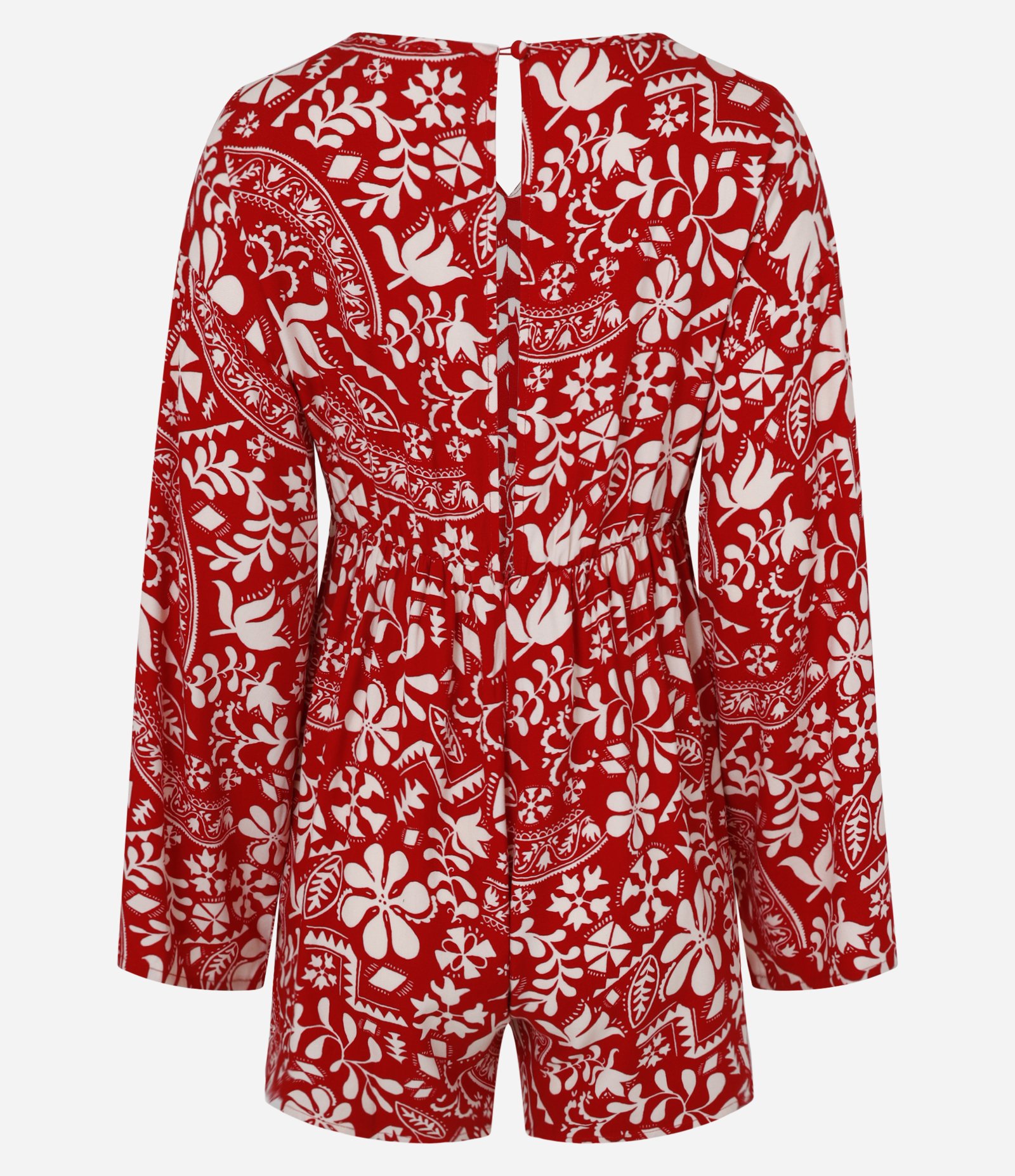 Macaquinho em Twill com Estampa Floral e Franzido na Cintura Vermelho 7