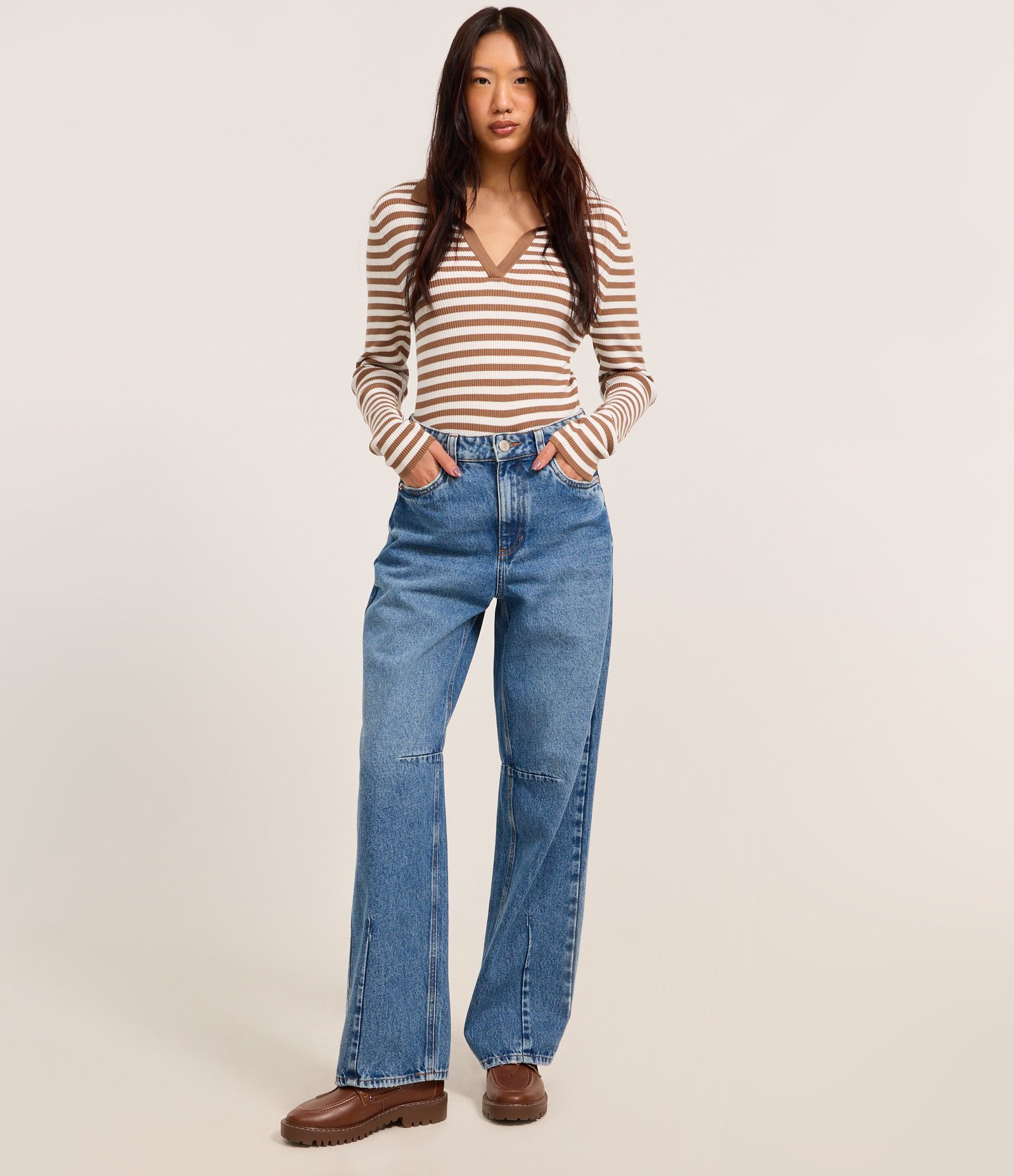 Blusa em Tricô com Gola Polo e Listras Marrom 2