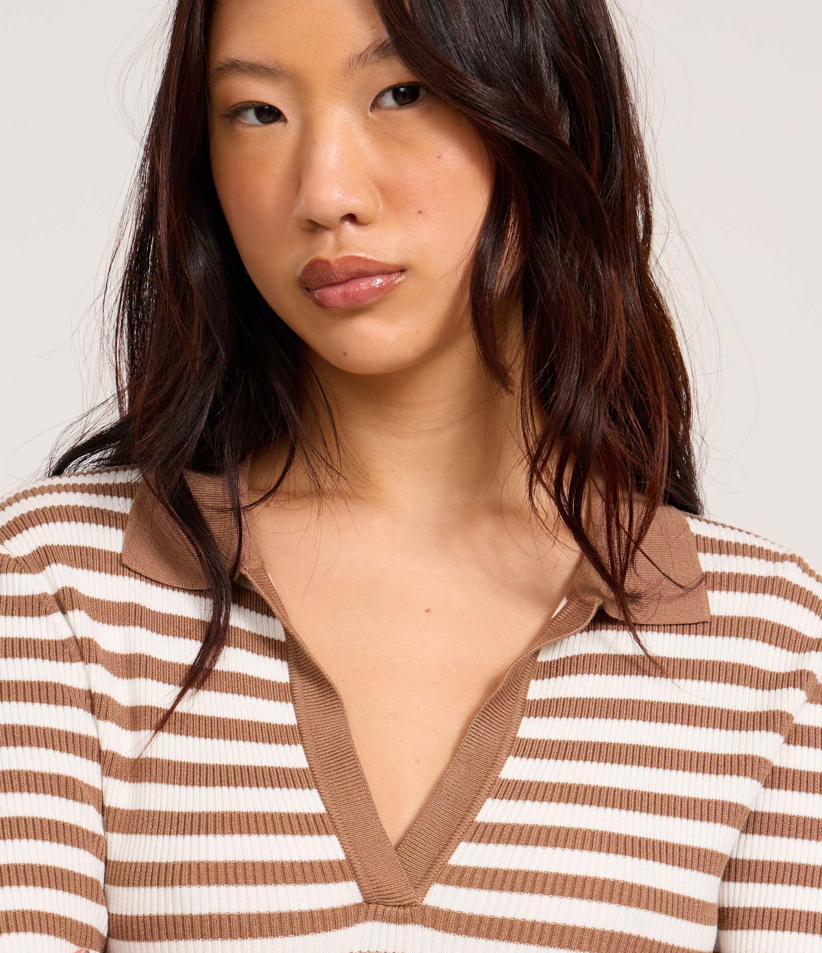 Blusa em Tricô com Gola Polo e Listras Marrom 4