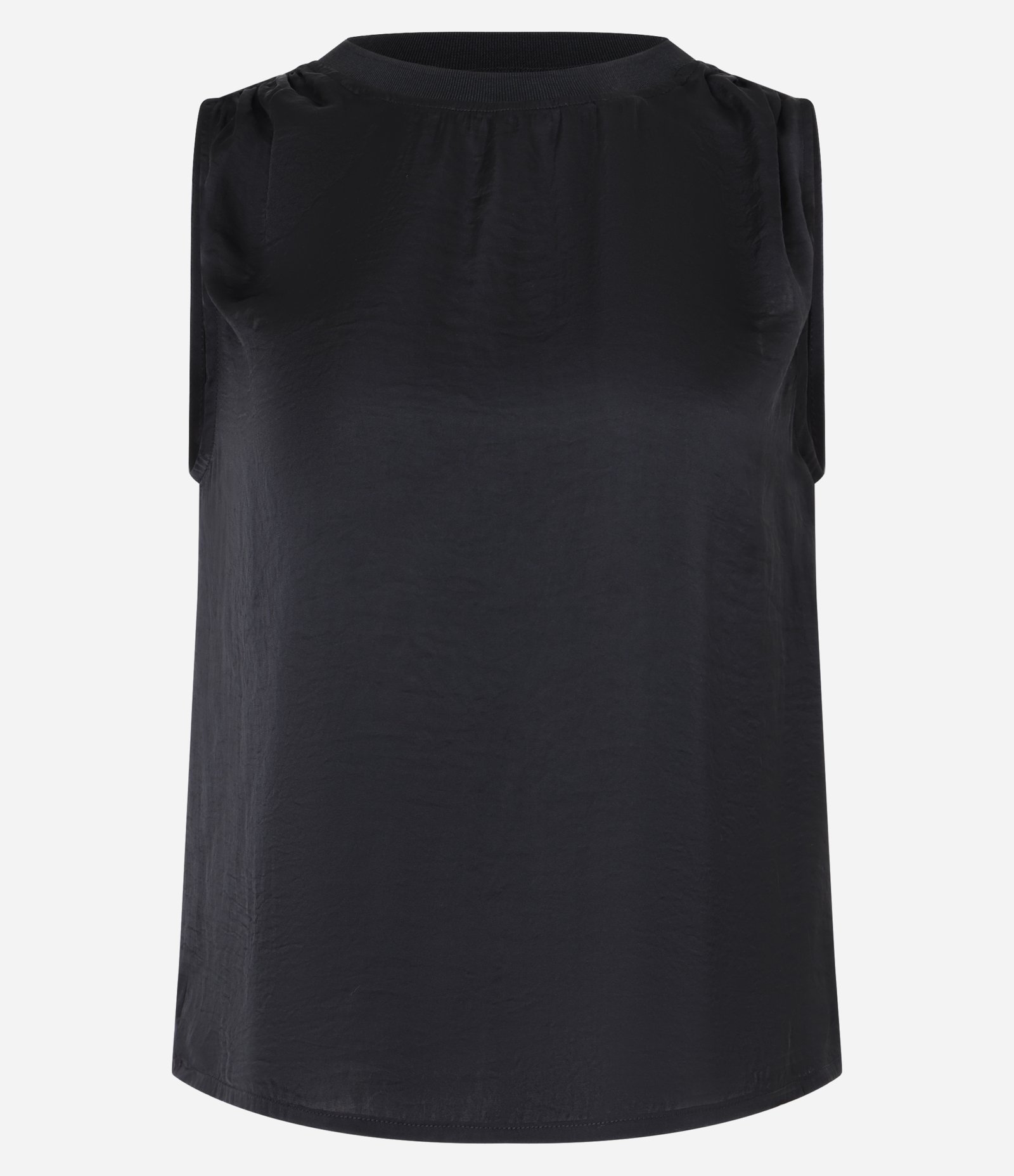 Blusa Acetinada Sem Manga com Ribana na Gola Redonda Preto 1