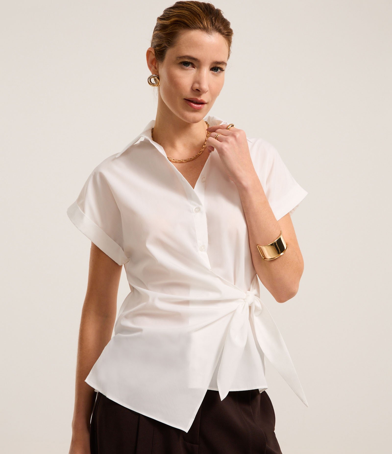 Camisa em Tricoline com Amarração e Manga Dobrada Branco 1