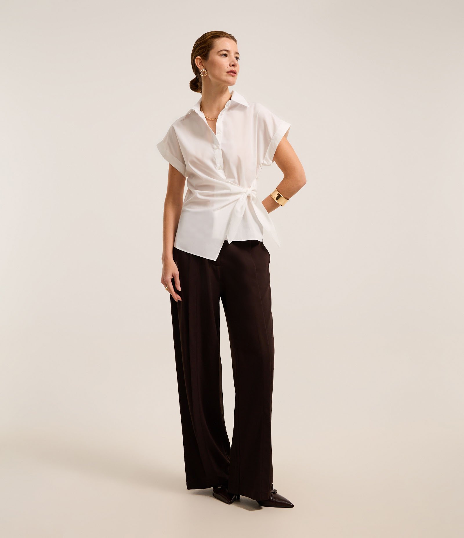 Camisa em Tricoline com Amarração e Manga Dobrada Branco 2