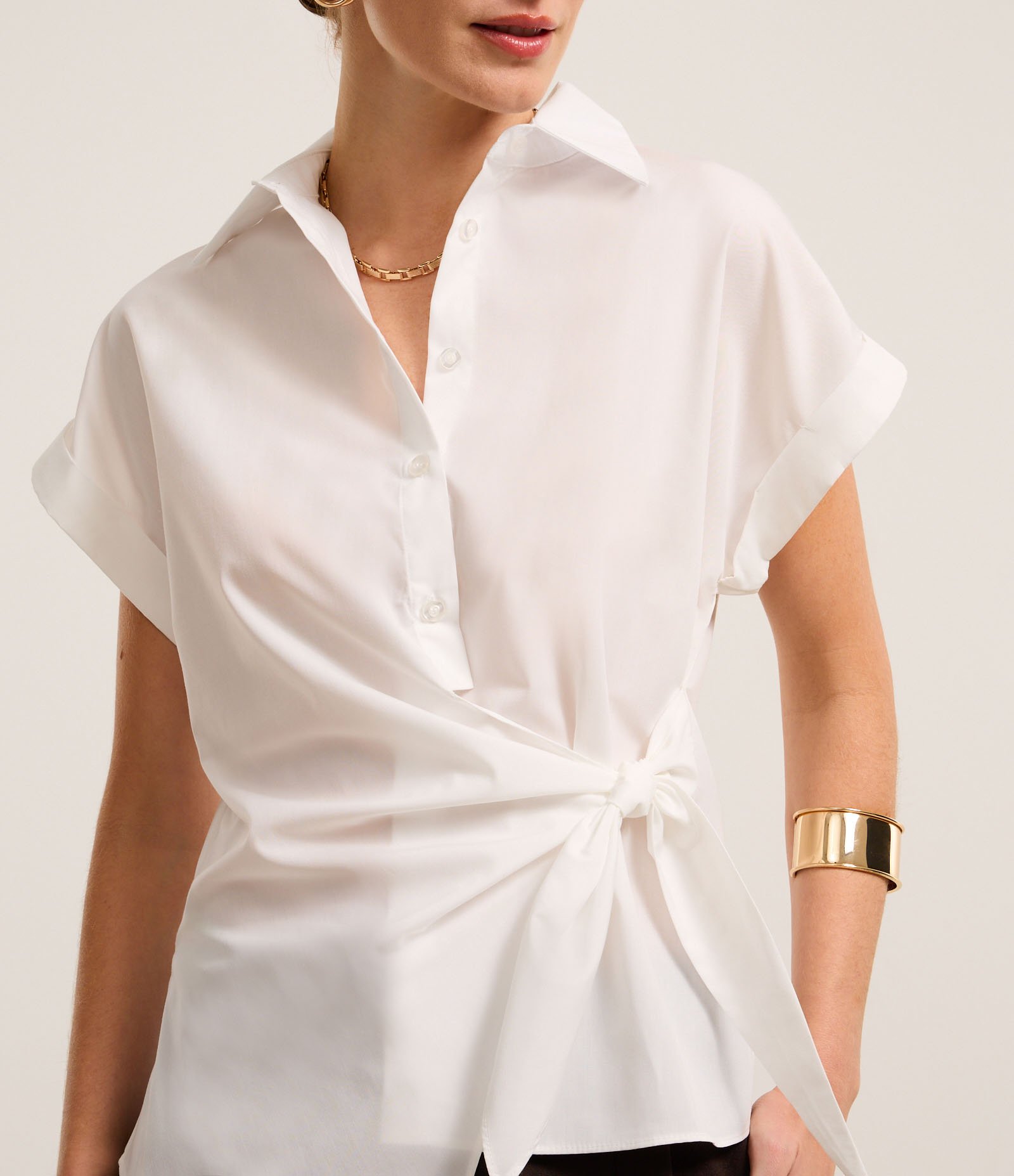 Camisa em Tricoline com Amarração e Manga Dobrada Branco 3