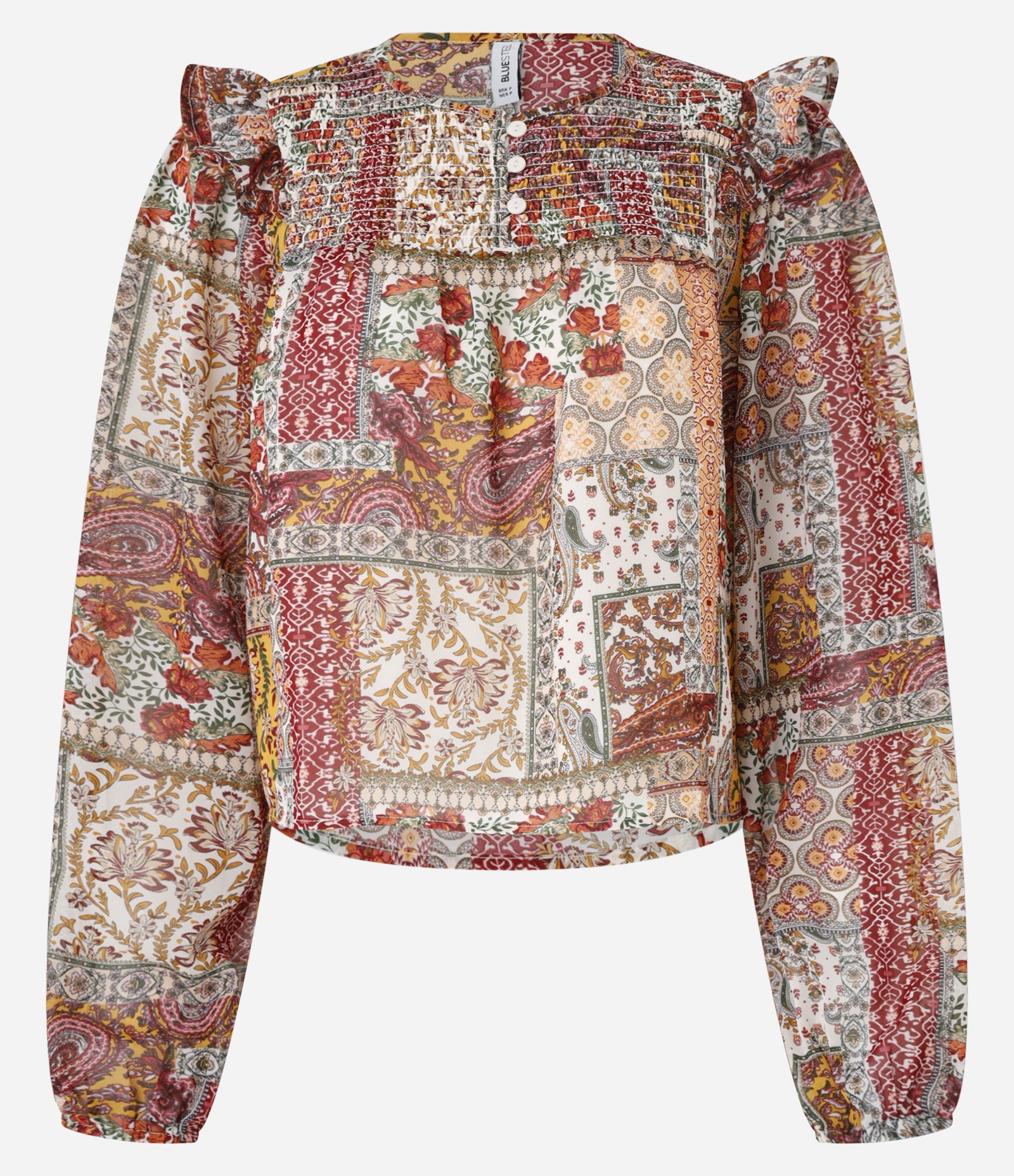 Blusa Bata em Curta em Chiffon com Pala em Lastex e Estampa Mix Patch Vermelho 6