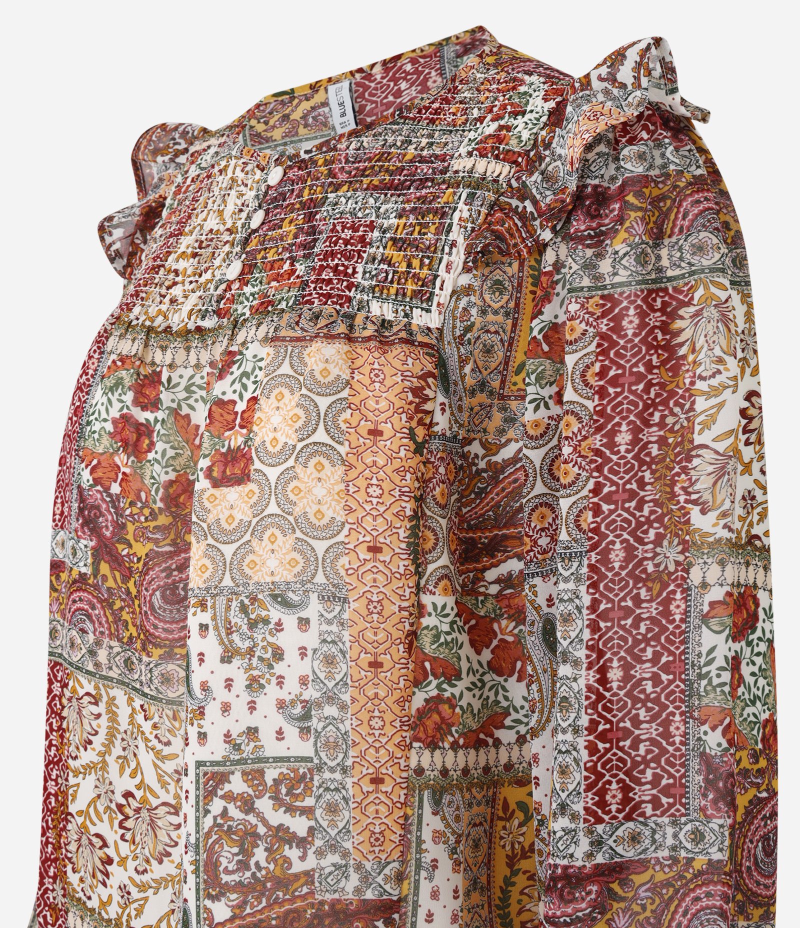 Blusa Bata em Curta em Chiffon com Pala em Lastex e Estampa Mix Patch Vermelho 7