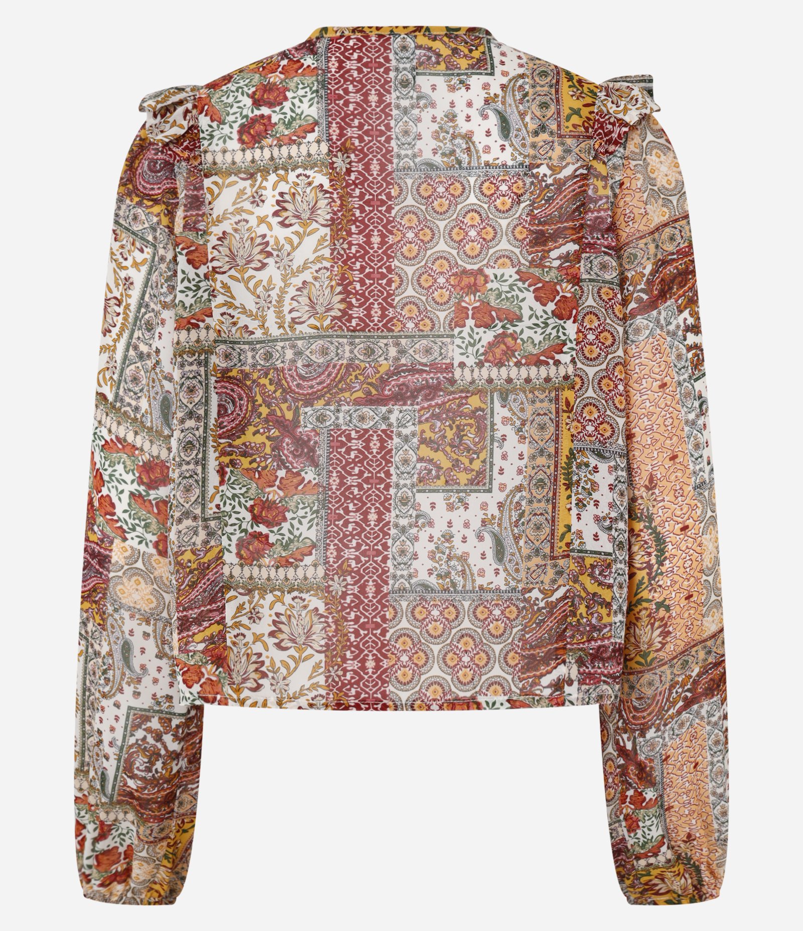 Blusa Bata em Curta em Chiffon com Pala em Lastex e Estampa Mix Patch Vermelho 8