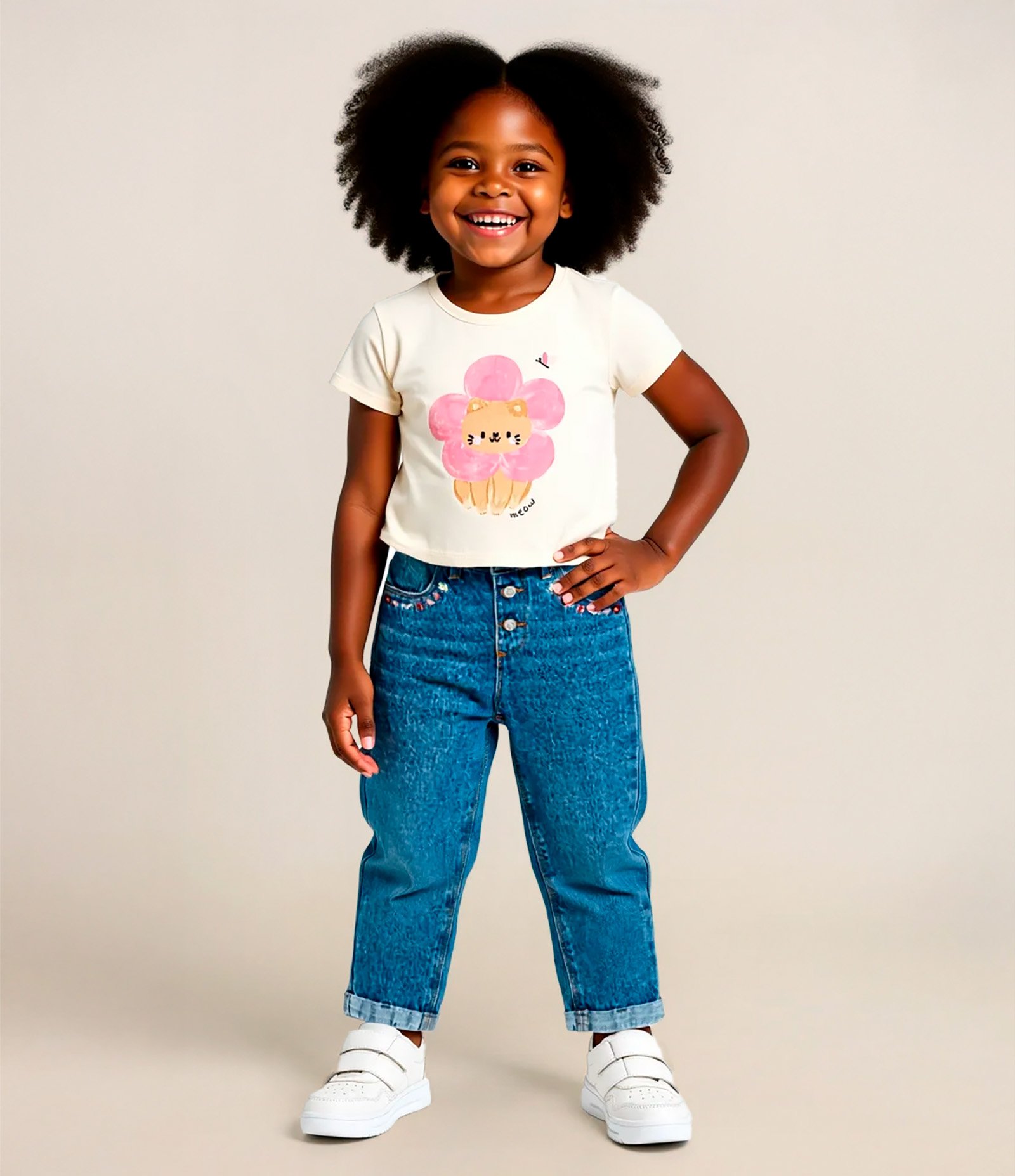 Blusa Infantil com Estampa Gatinho e Flor - Tam 1 a 5 Anos Bege 1