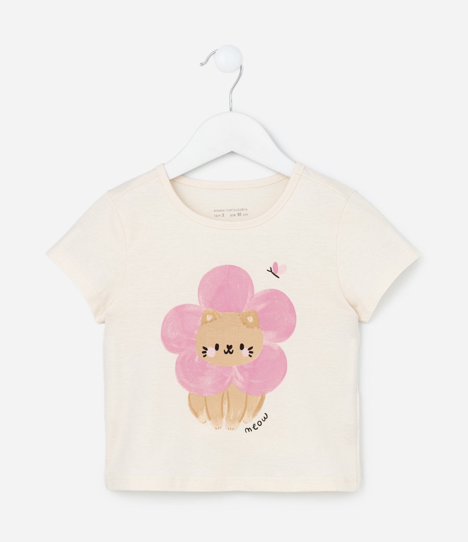 Blusa Infantil com Estampa Gatinho e Flor - Tam 1 a 5 Anos Bege 2