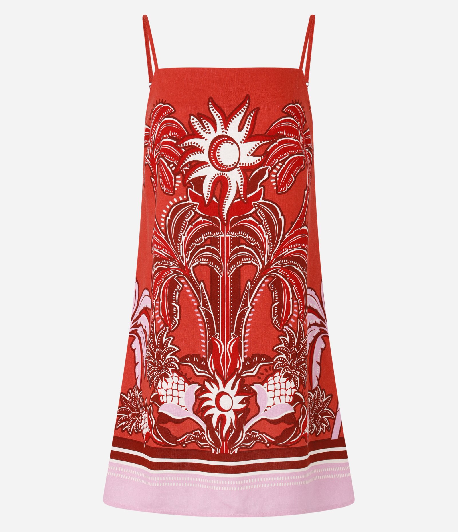 Vestido Curto em Viscose e Linho com Estampa de Folhagens Vermelho 5