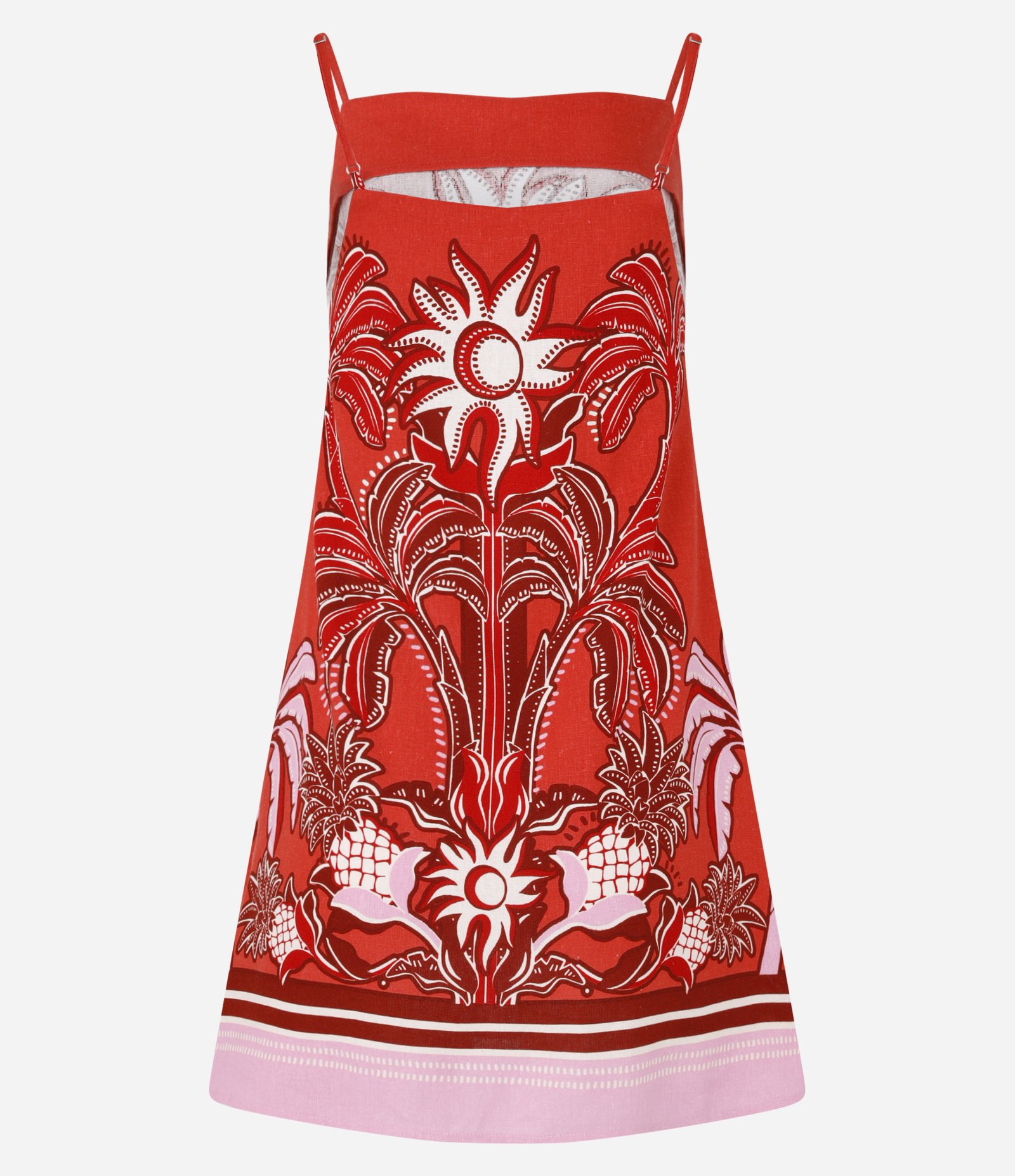 Vestido Curto em Viscose e Linho com Estampa de Folhagens Vermelho 6