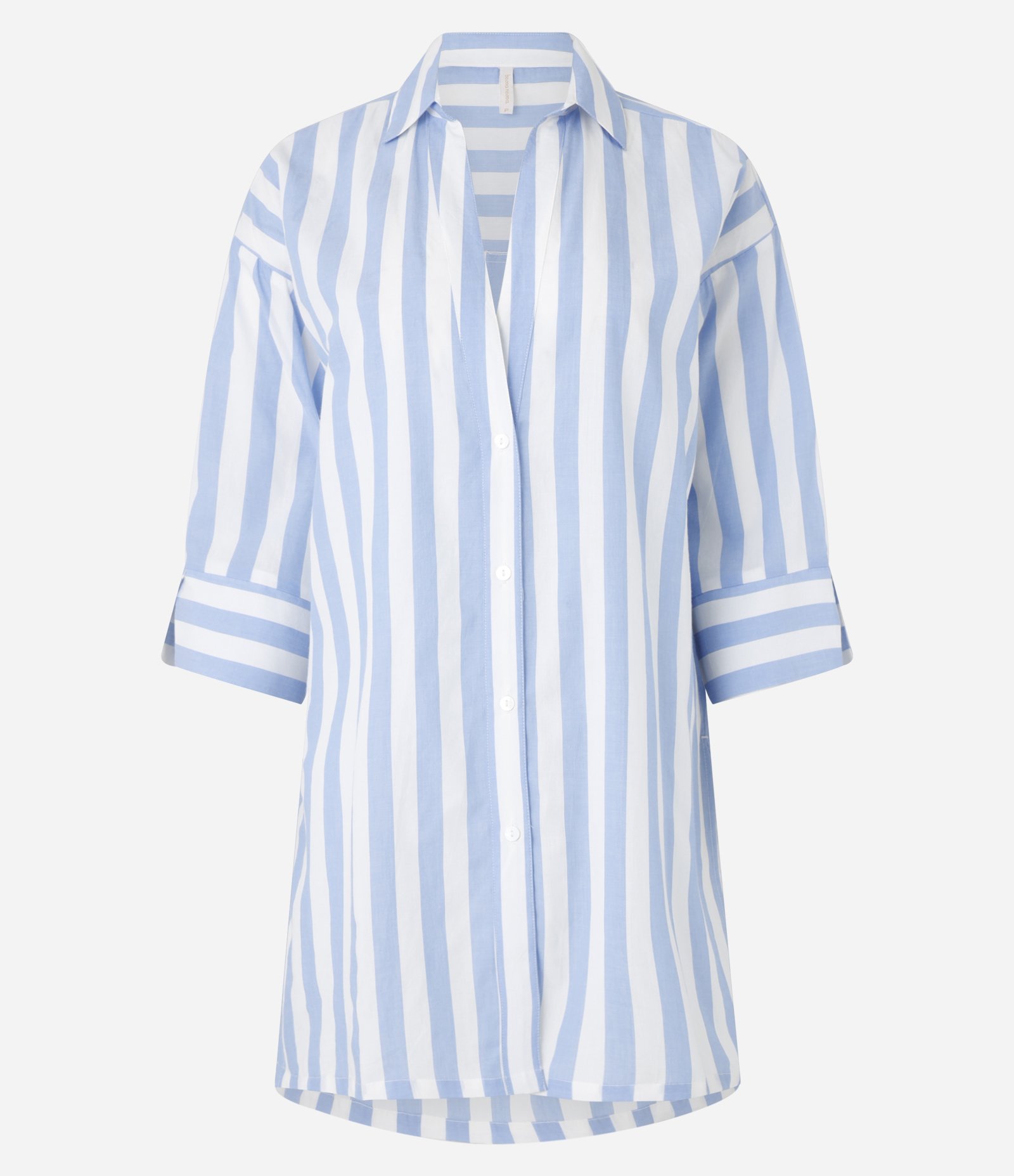 Saída de Praia Bata Chemise em Voil Listrado com Fio Tinto Branco/Azul 4
